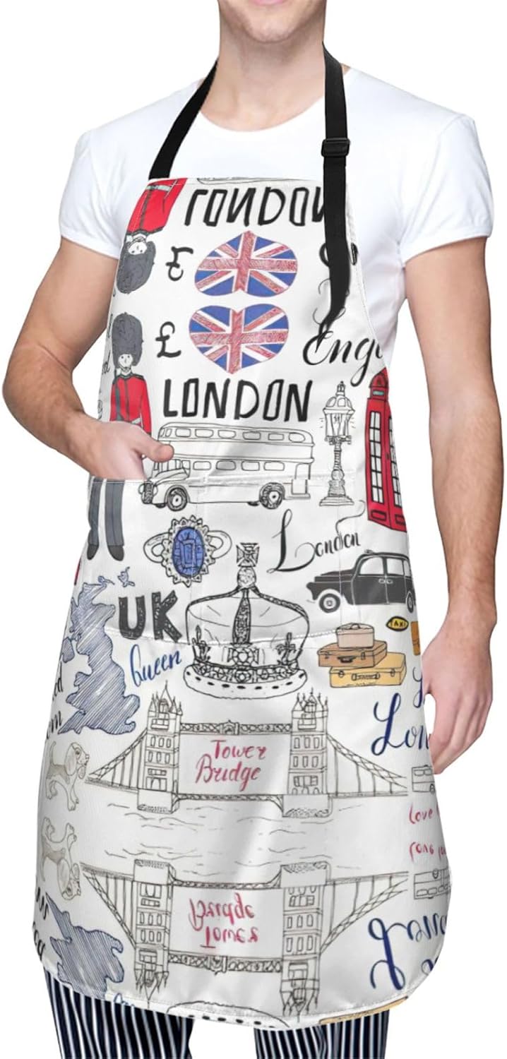I Love London Print Laundry apron 28x33 In Waterproof Kitchen Apron with Pockets for Cooking Baking