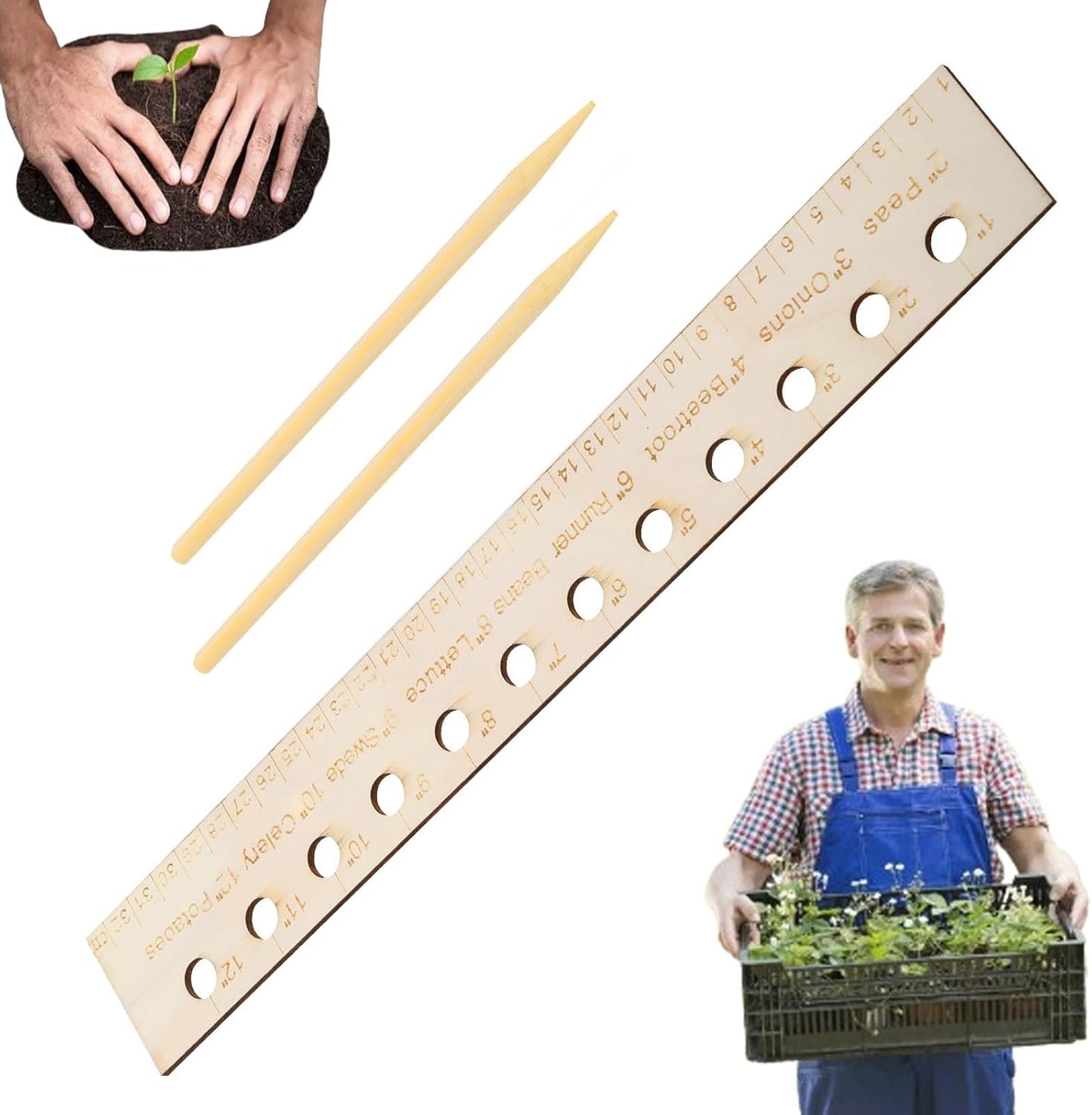 Seed Spacers Planting Tool, Garden Seed Planter Ruler with 2 Wooden St