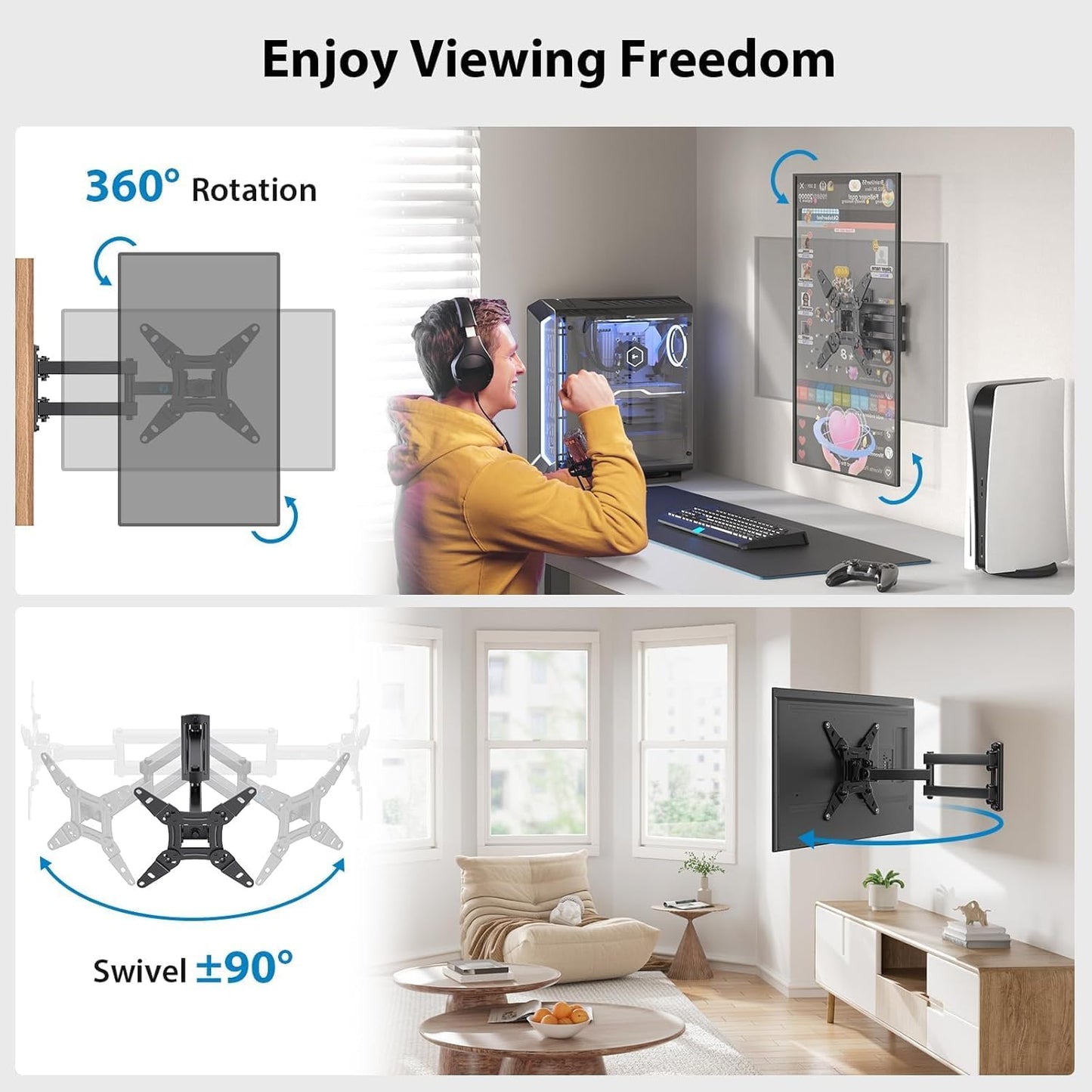 Pipishell Full Motion TV Wall Mount for Echo Show 21/15 and 13-43 Inch Flat Curved Screen TVs & Monitors, Max VESA 200x200mm up to 44lbs, TV Mount Wall Bracket with Rotation Swivel Tilt Extension