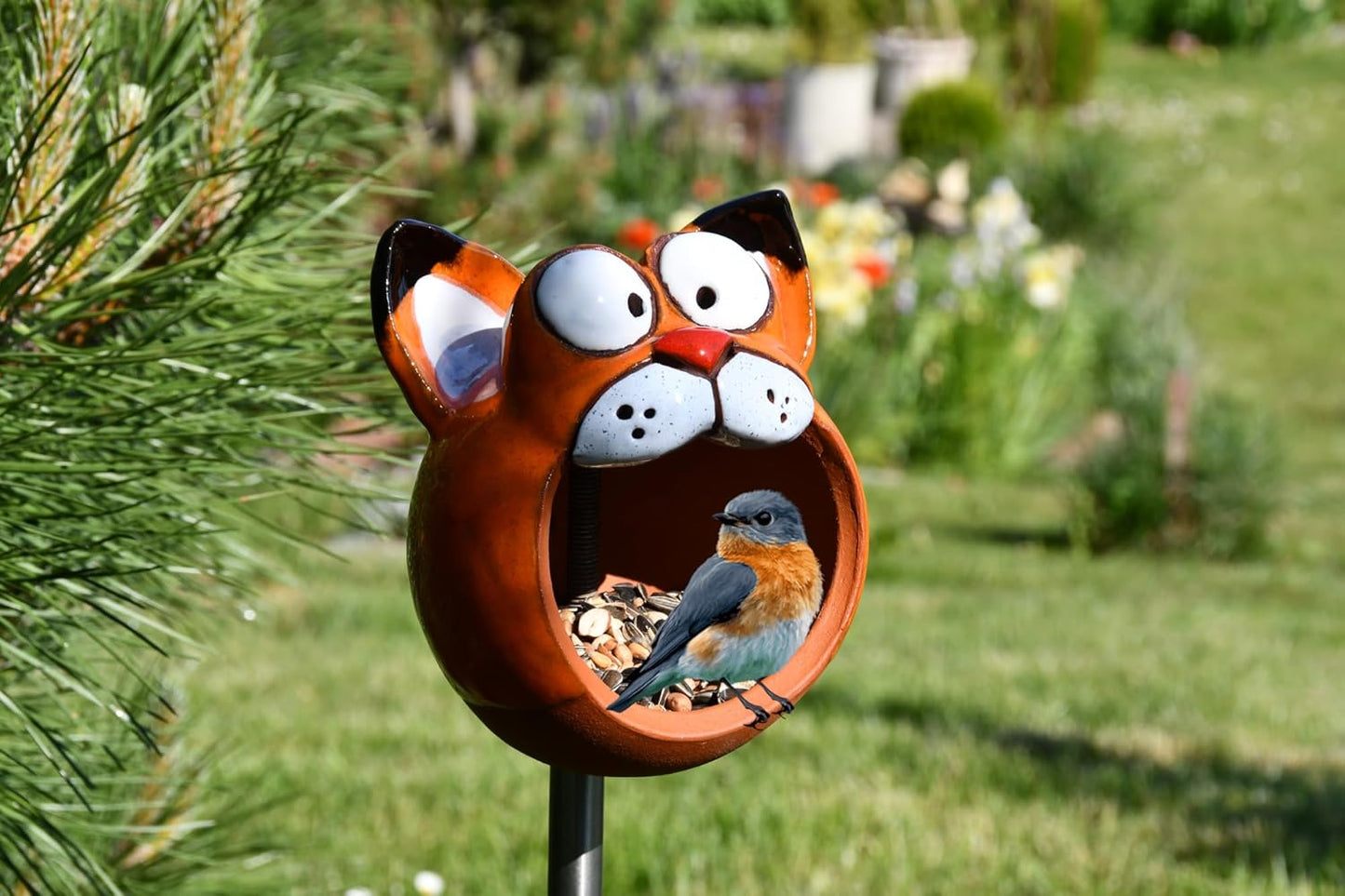 Funny Bird Feeder Cat Garden Stake Yard Art Garden Art Handmade Ceramic Garden Decor Lawn Stake Funny Cat Ceramic Bird Feeder Midene