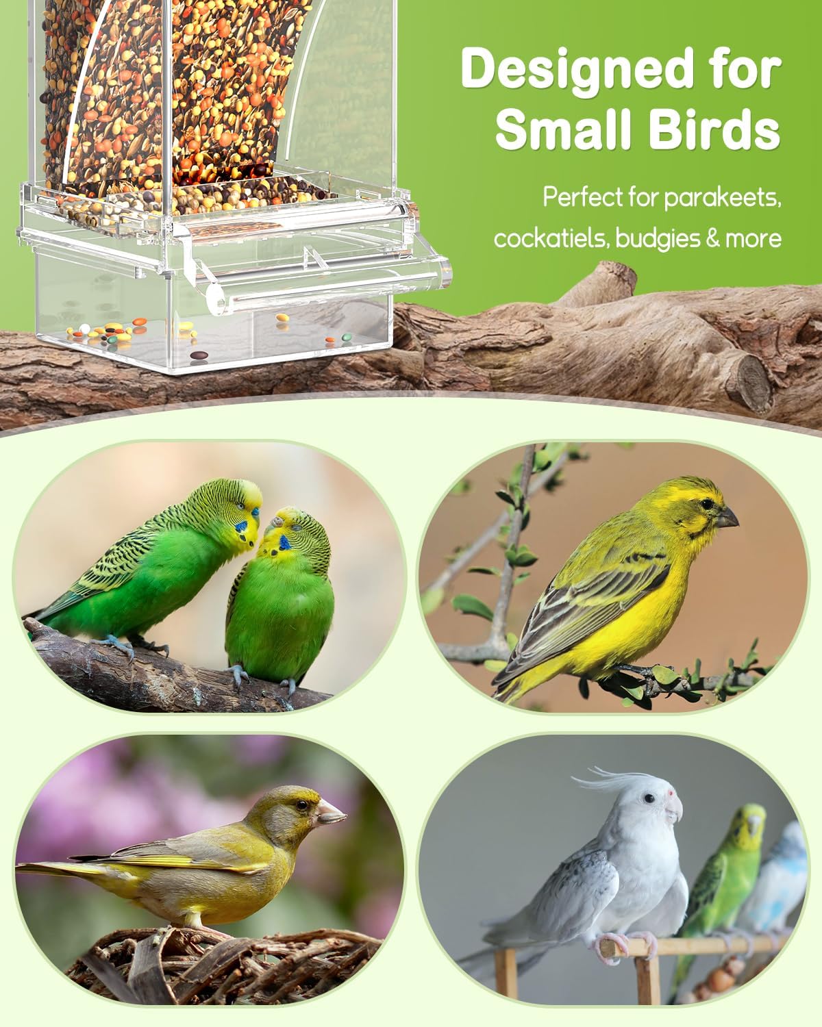Pawfly Automatic Bird Feeder, Bird Feeder for Cage, No Mess Bird Feeder, Clear Acrylic Bird Cage Feeder, Parrot Feeder for Parakeet, Cockatiel, Budgie & Small Birds