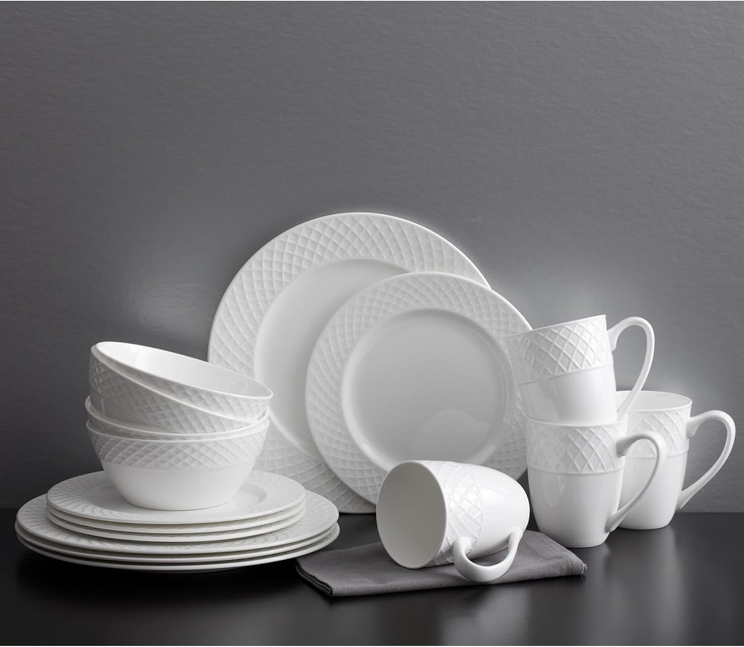Mikasa Trellis Bone China 16-Piece Dinnerware Set, Service for 4, Whit