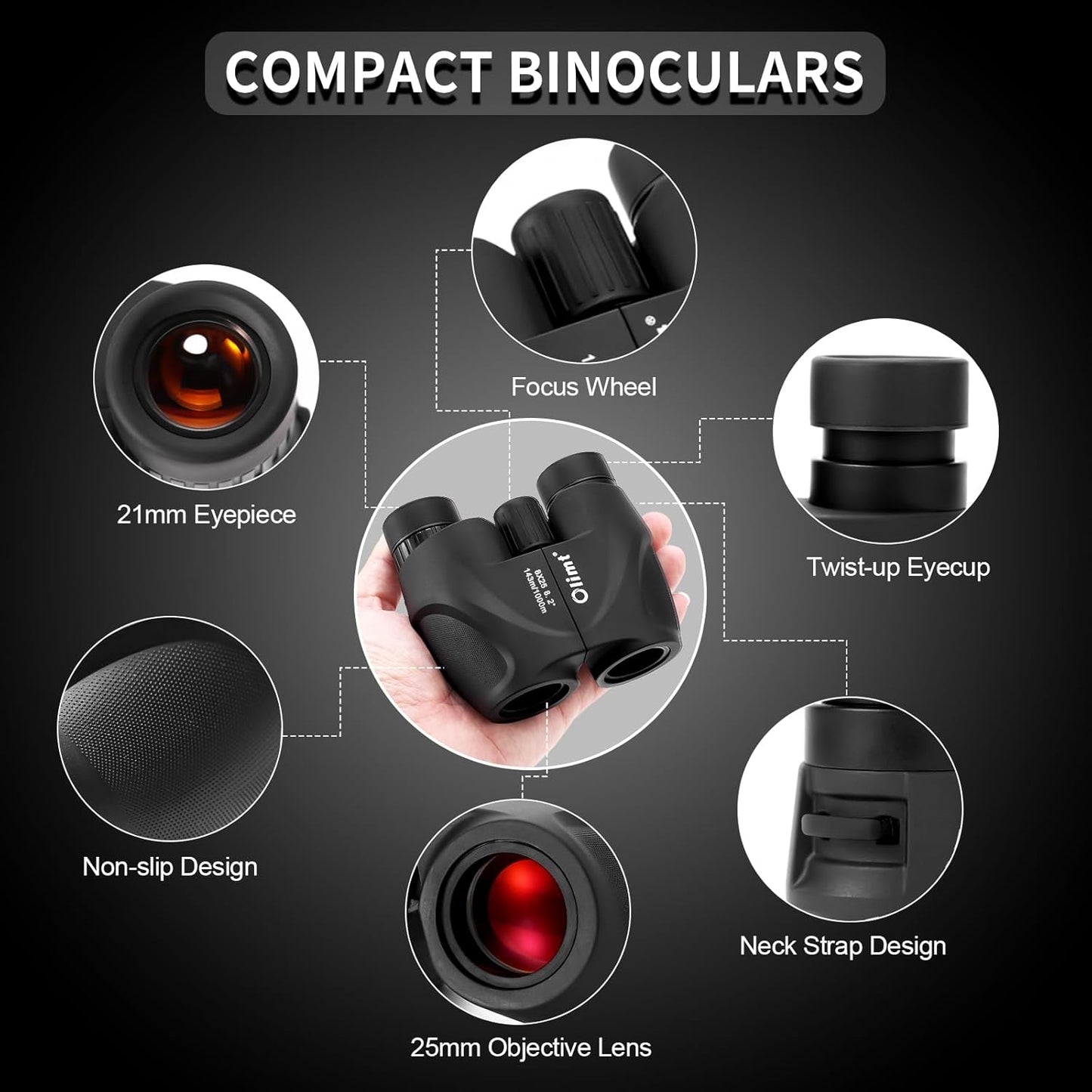 8x25 Compact Binoculars, 8X Small Mini Pocket Portable Size 8.2° Wide Angle View Lightweight 21mm Large Eyepiece ED Lens for Adults Youth Travel Hiking Cruise Safari Birding Sports Wildlife Viewing