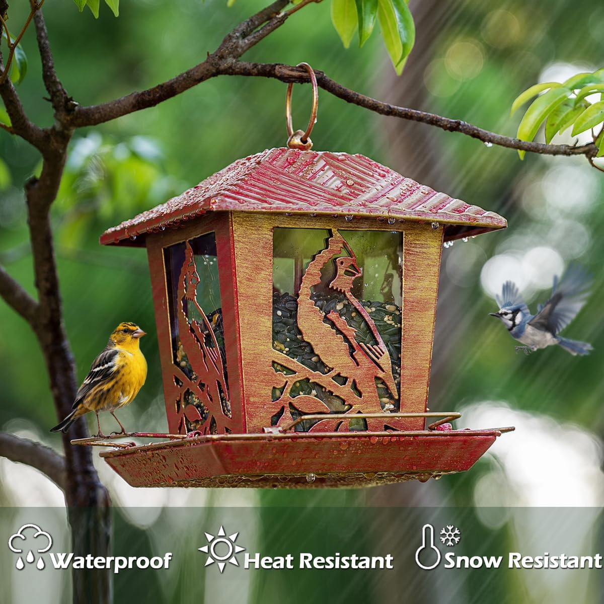 Birdream Metal Bird Feeders, Unique Vintage Design Bird Feeder for Outside Squirrel Proof, Attracting Wild Birds Cardinal Bluebird (Red Gold)