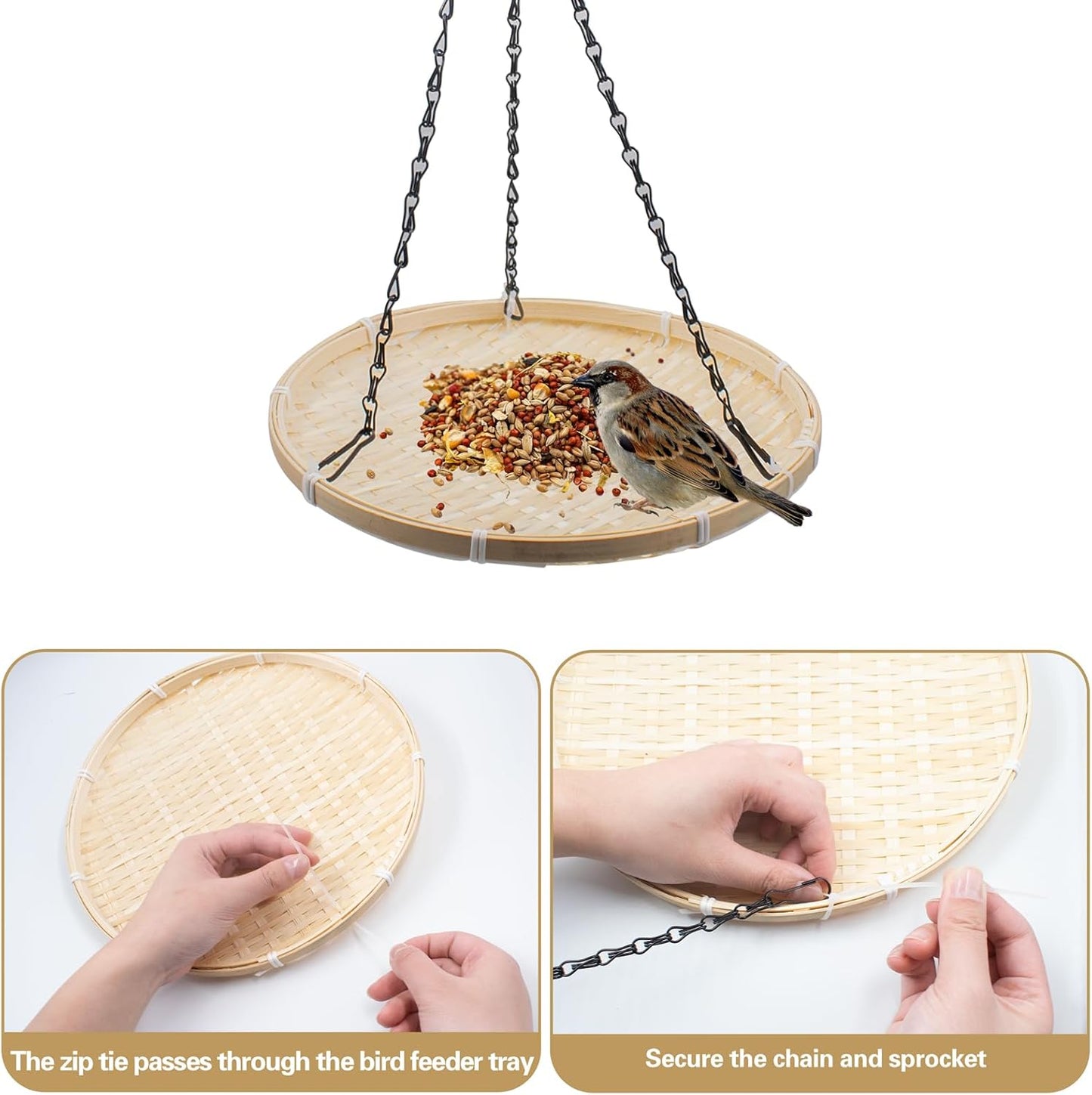 Hanging Bird Feeder Tray, 10 Inch Bamboo Mesh Platform Feeders Wild Bird Feeding Station for Backyard Garden Attracting Wild Birds