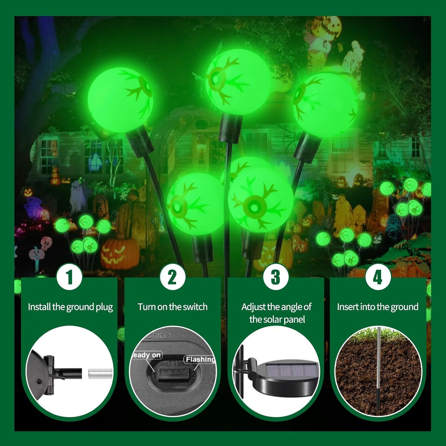 Solar Halloween Lights，2 Pack Outdoor Halloween Decorations Lights, 12LED Green Eyeball Swaying Lamps for Garden Decor, Yard, Lawn, Party Decorations