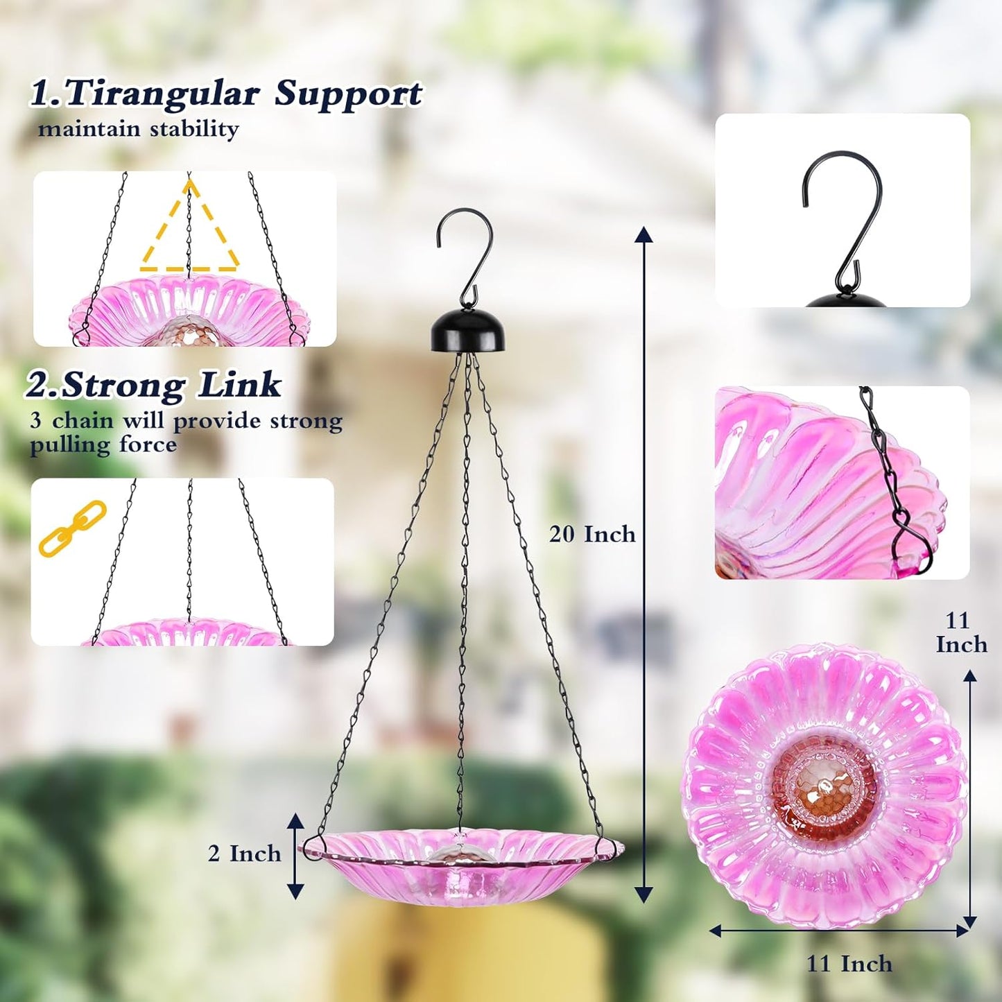 MUMTOP Hanging Bird Bath-Bird Baths for Outdoors - 12 Inch Glass Bird 