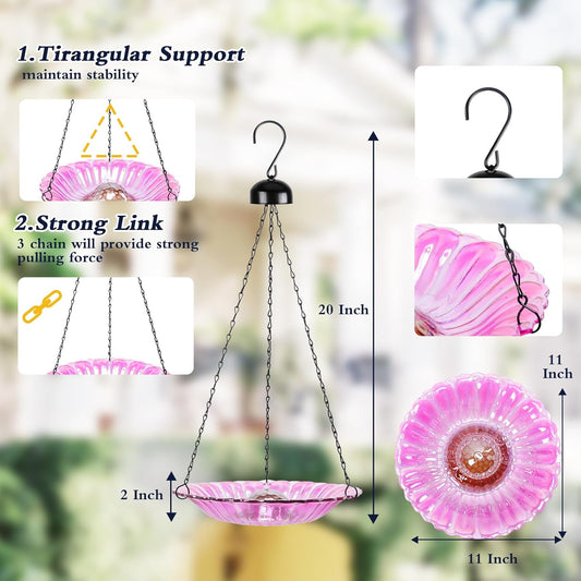 MUMTOP Hanging Bird Bath-Bird Baths for Outdoors - 12 Inch Glass Bird Water Bowl Bird Feeders for Outside, Garden, Lawn Yard Decor（Pink）