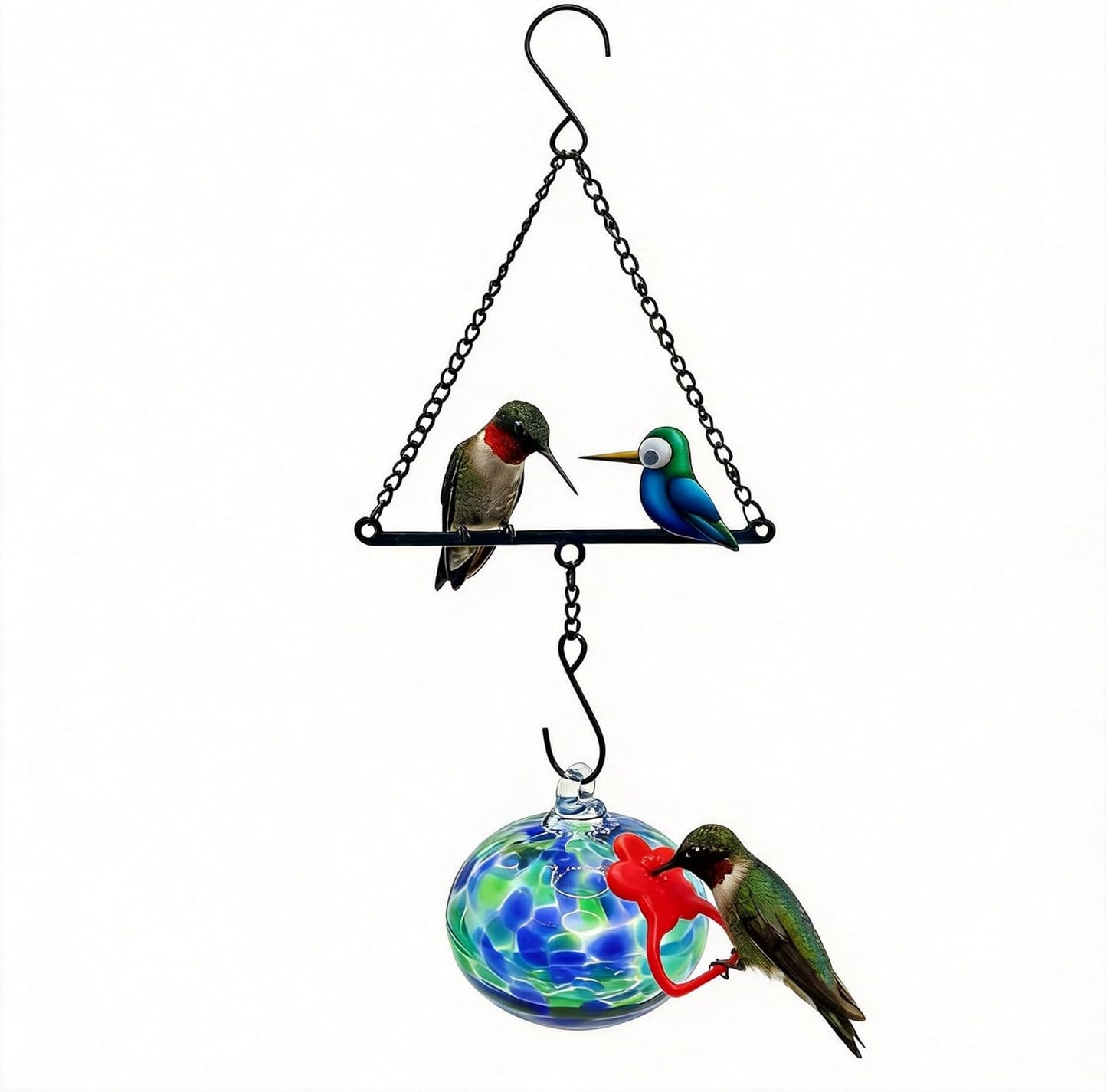 Hummingbird Feeder for Outdoors Hanging,Metal Hummingbird Swing with Hand Blown Glass Hummingbird Feeder,Artistic Bird Perch & Garden Decor, Unique Gardening Gifts for Women(Dotted Blue)