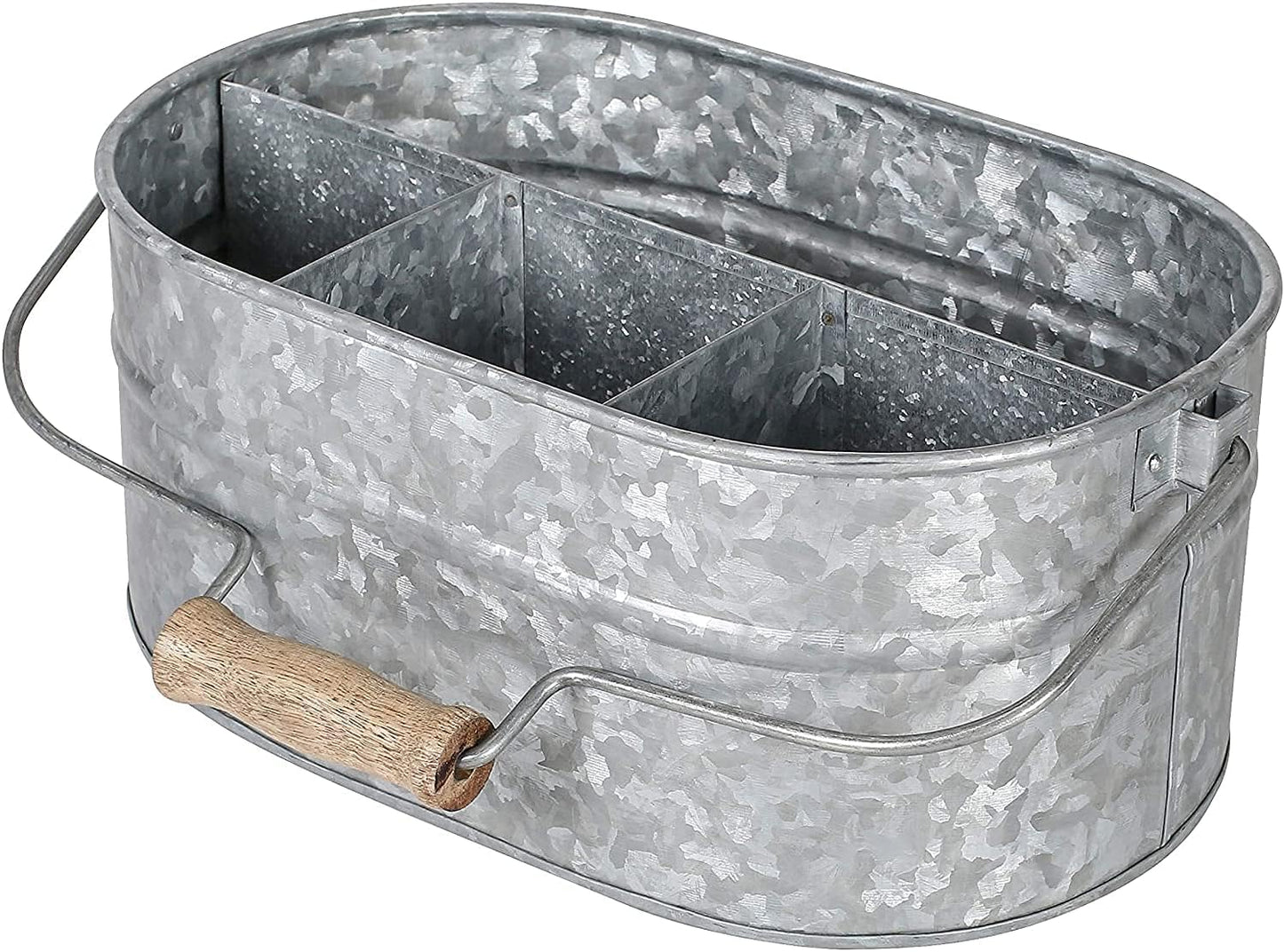 Light & Pro Multipurpose Galvanized Rustic Farmhouse Caddy - Metal 4 Compartment Storage Bin Caddy With Wooden Handle Perfect For Kitchen Utensils, Picnic, Garden Planter - Hammered - Antique Grey