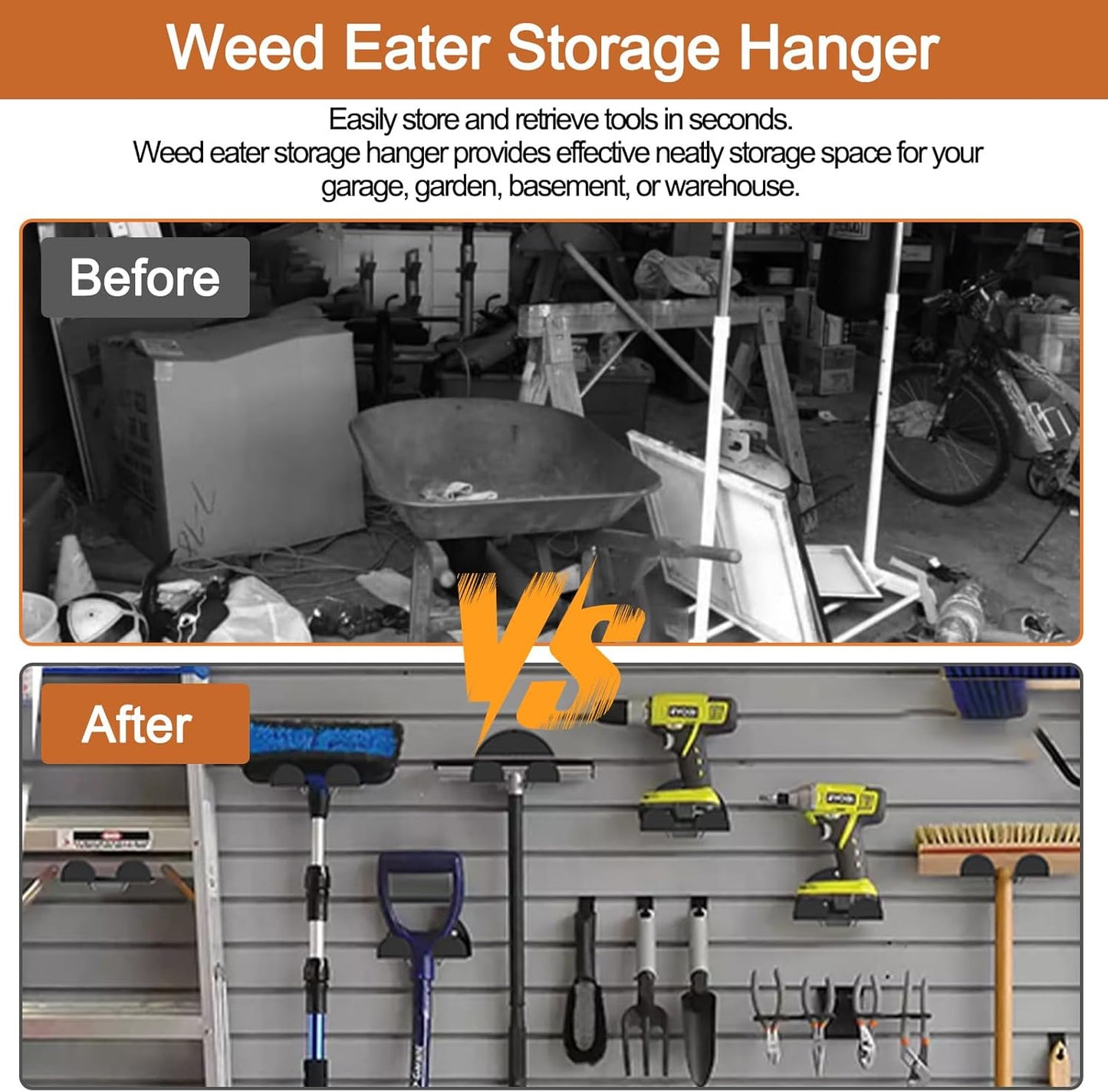 RO6G Weed Eater Rack Garage Wall Organizer, Weed Wacker Hanger for Garage Wall, Weedeater Hanger Wall Mount Fits Most String Trimmer Weed Wacker and Garden Power Tools