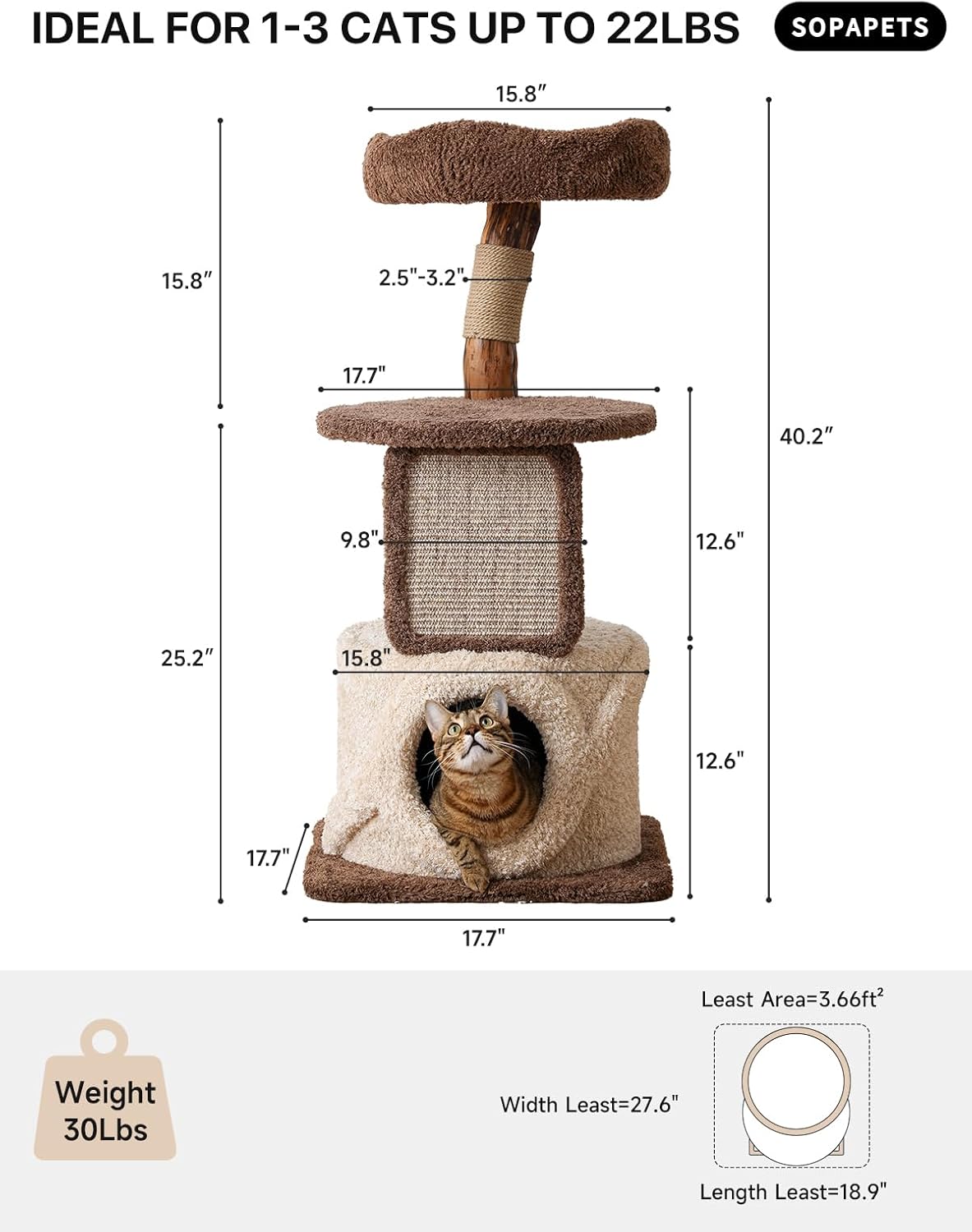40 Inch Tall Modern Solid Wood Cat Tree Tower for Indoor Cats Large Ad
