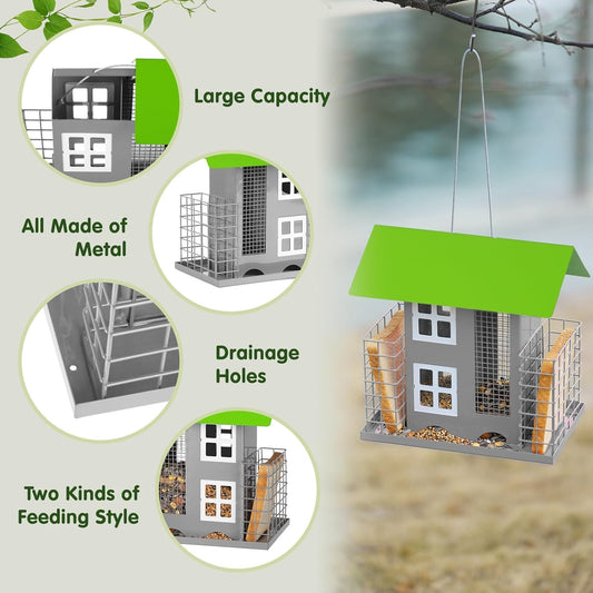Metal Bird Feeders for Outdoors Wild Bird Feed with 2 Suet Cage Cake Squirrel Proof Hanging Feeder Large Capacity Wild Bird Feeder Easy Clean&Anti-Rust Attracting Birdhouse Green