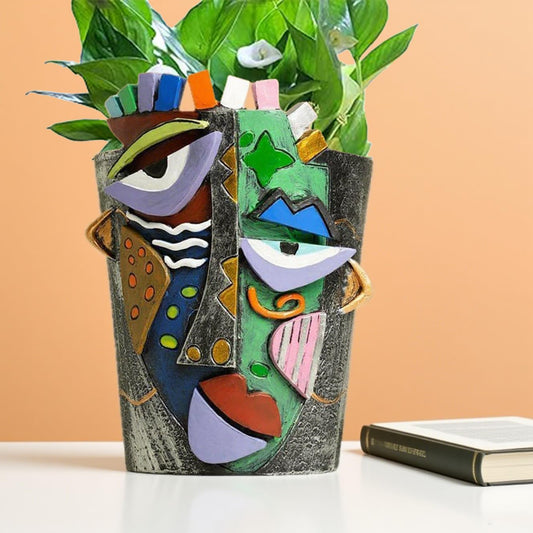 Abstract Face Planter Pot, Picasso Head Vase for Home Decor, Flowers Pot for Garden and Backyard (Gray Face)