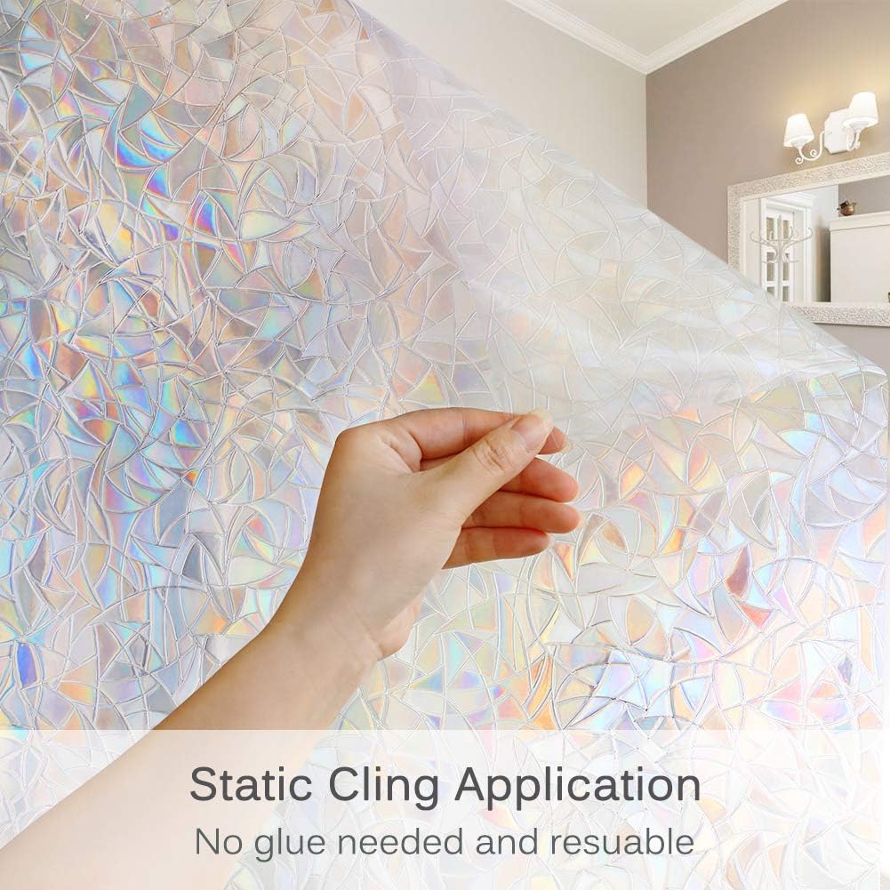 Volcanics Window Privacy Film with Installation Tools, Static Window Clings Vinyl 3D Decals Stickers Rainbow Window Film for Glass Door Heat Control Anti UV 17.5 x 78.7 Inches
