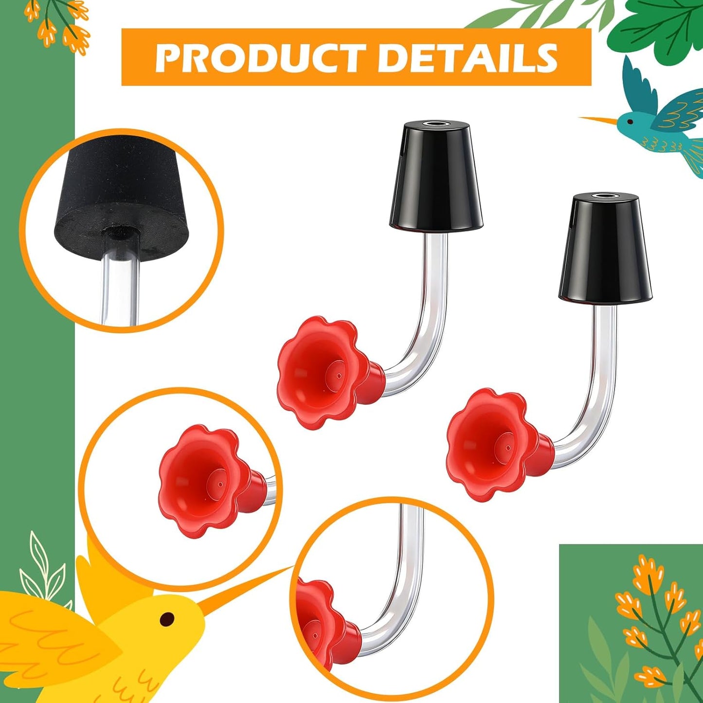 Baderke Hummingbird Feeder Tube with Stopper Handheld Bird Feeder Replacement Parts Drip Resistant Tip Silicone Flowers for Wine Bottle Outdoor Bird Feeders(2 Pcs,Black)