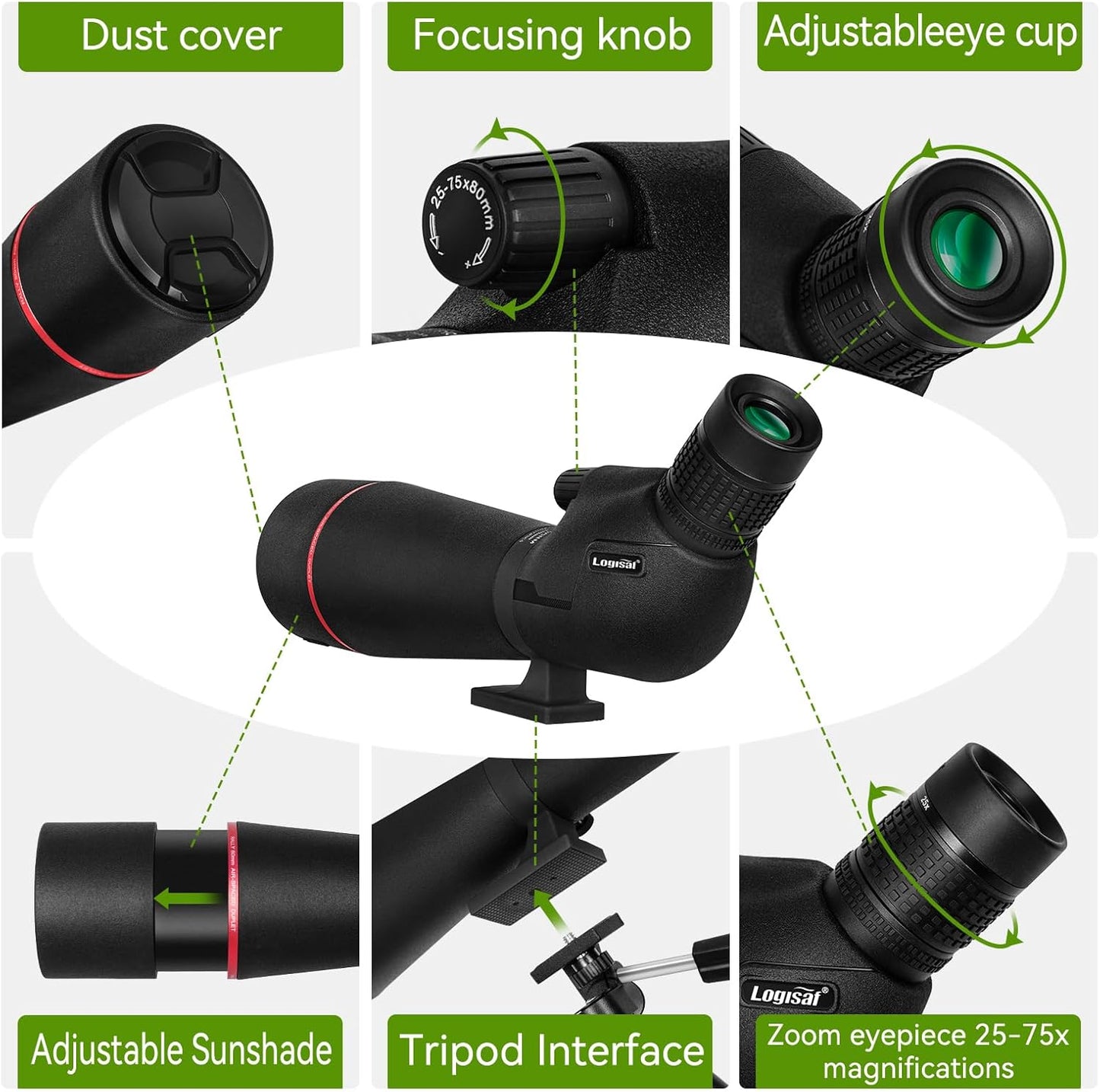 25–75x80 HD Spotting Scope for Bird Watching & Target Shooting, BAK4 Prism Angled Spotter Scope with Tripod & iPhone Adapter, Waterproof Fogproof Birding Scope for Hunting & Wildlife Viewing