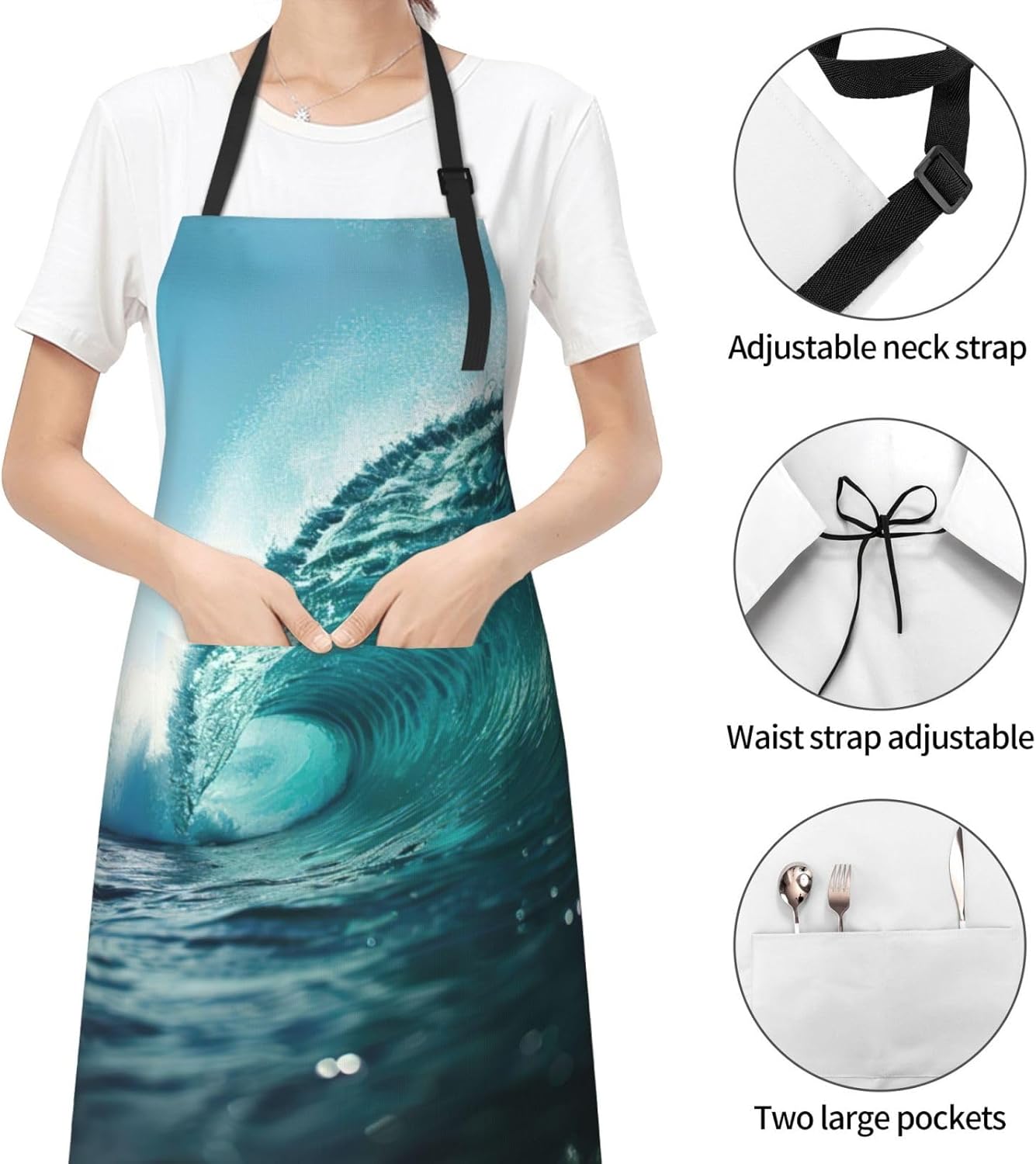 Ocean Green Wave Surf print Waterproof chef's apron with pocket apron for kitchen cooking baking barbecue and gardening