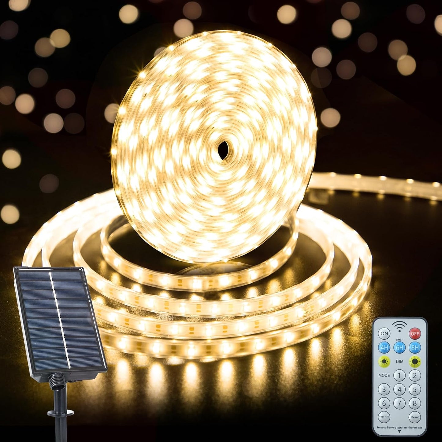 Solar Strip Lights Outdoor, 33Ft 640 LED Waterproof Strip Lights with Remote Timer Dimmable Outside Strip Light for Garden Yard Party Decor (No Adhesive)