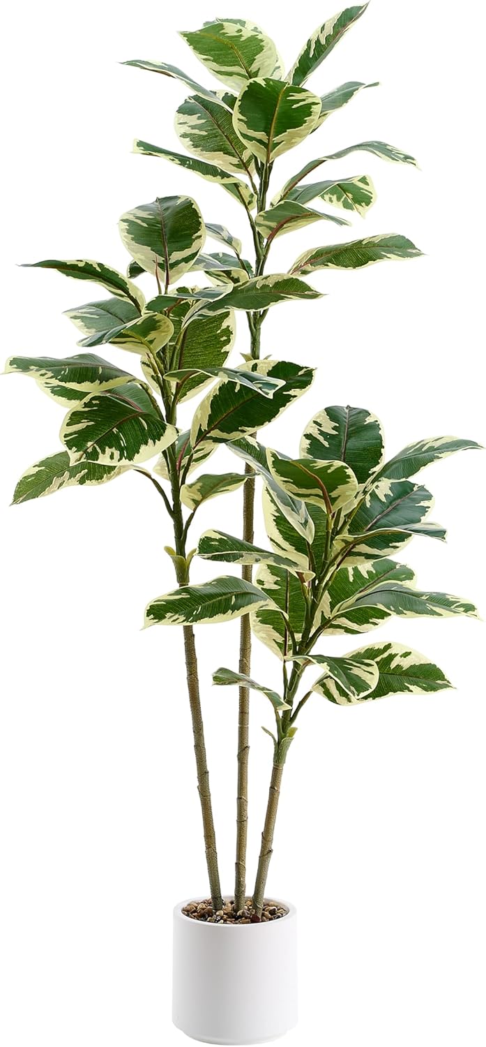 Artificial Rubber Plant, 5FT Faux Plants Indoor Fake Rubber Tree with White Planter, Tall Fake Plants Potted Tree Floor Plant in Pot, Artificial Trees for Home Office Room Outdoor Decor