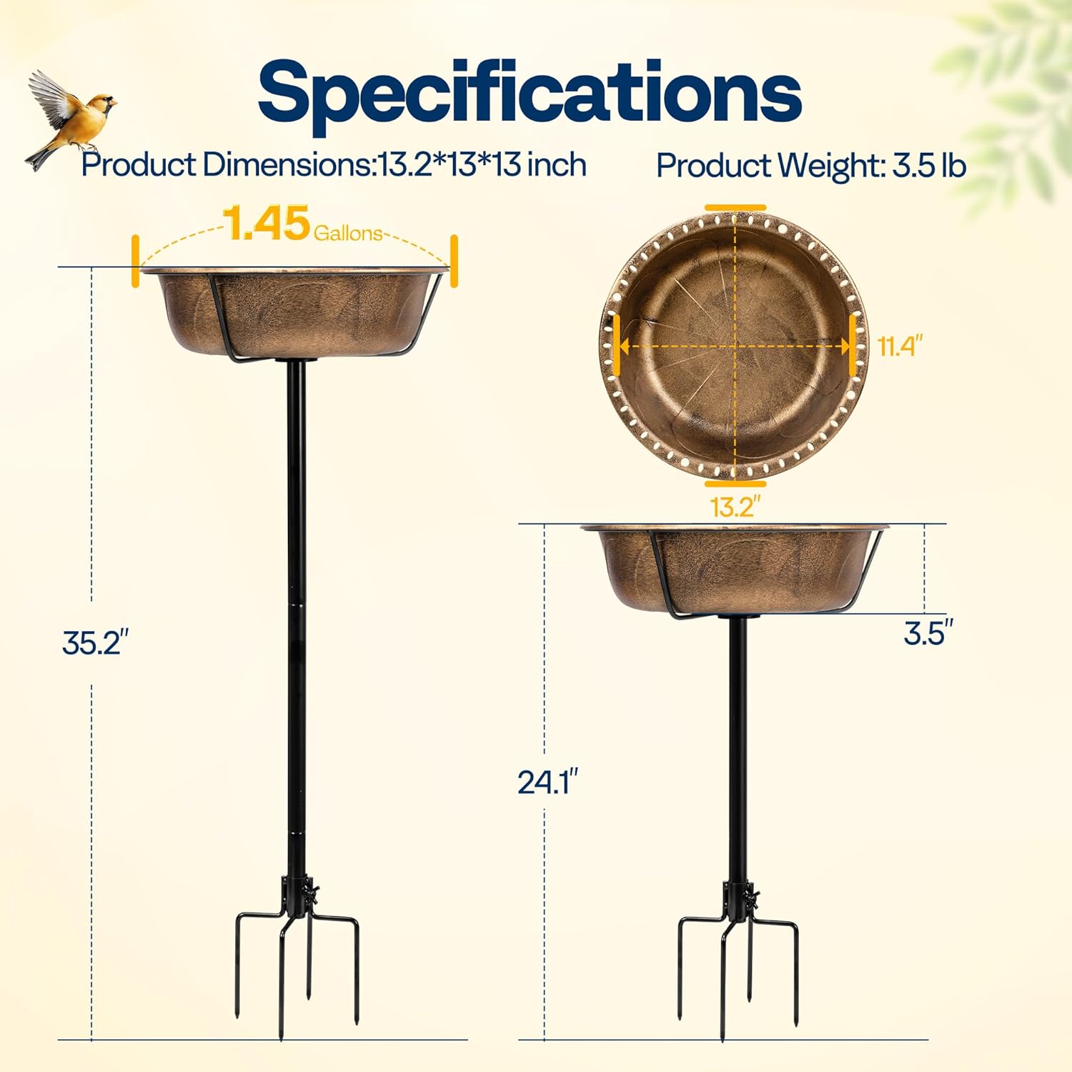 VIVOHOME Bird Bath for Outside, Outdoor 13'' Birdbath Bowl with Metal 