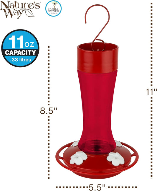 Nature’s Way Crimson Silhouette Glass Gravity Hummingbird Feeder for Outdoor Décor, 11 oz Capacity Nectar Feeder, 4 Leak-Free Flexible Ports with Built-in Ant Moat, Red