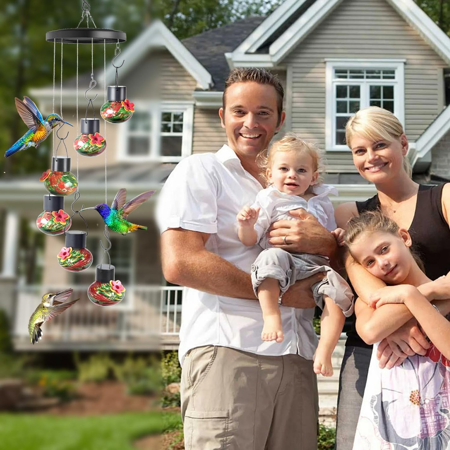 Solar Wind Chimes Hummingbird Feeder for Outdooors, Blue Hand-Blown Glass Bird Feeders with Leak-Proof Design, Ant & Bee Resistant, Perfect Garden Patio Decor (Red and Green)