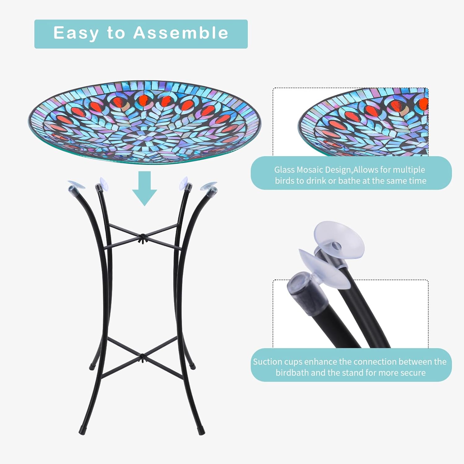 VCUTEKA Mosaic Bird Bath, Glass Birdbath Detachable with Metal Standin