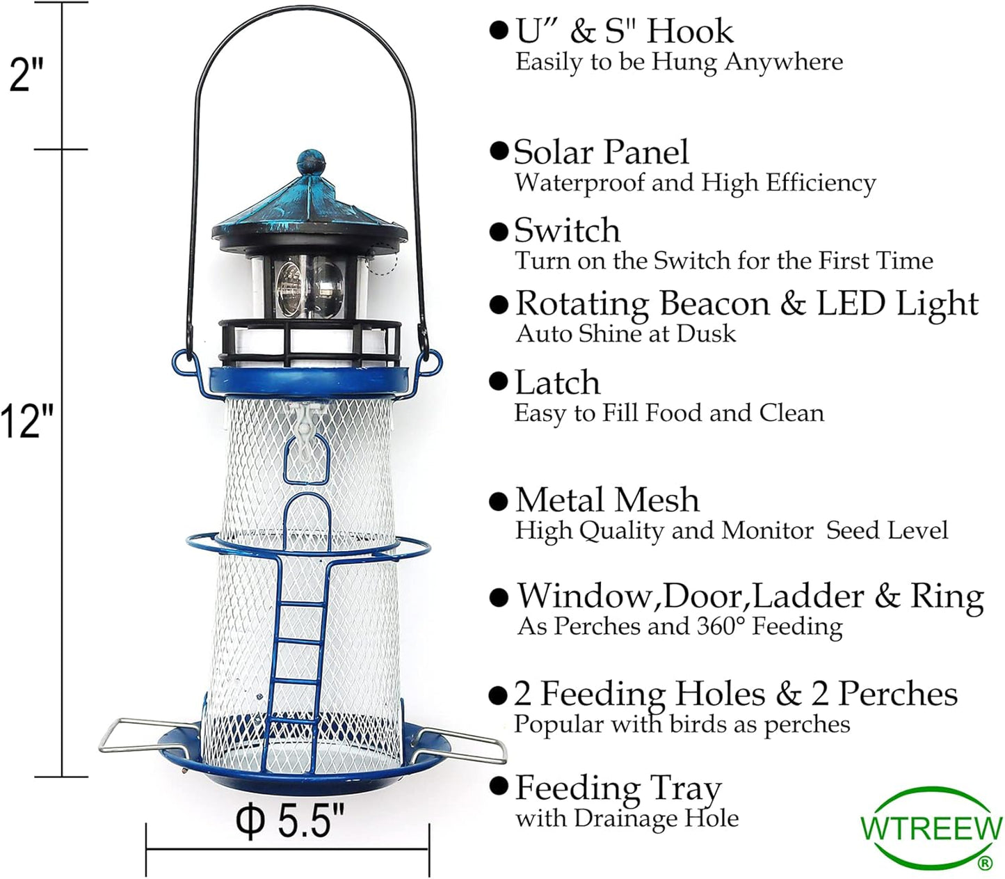 Solar Lighthouse Bird Feeder with Rotating Beacon - 14" Hanging Best Birdfeeder Gifts for Bird Lovers(Space Blue)