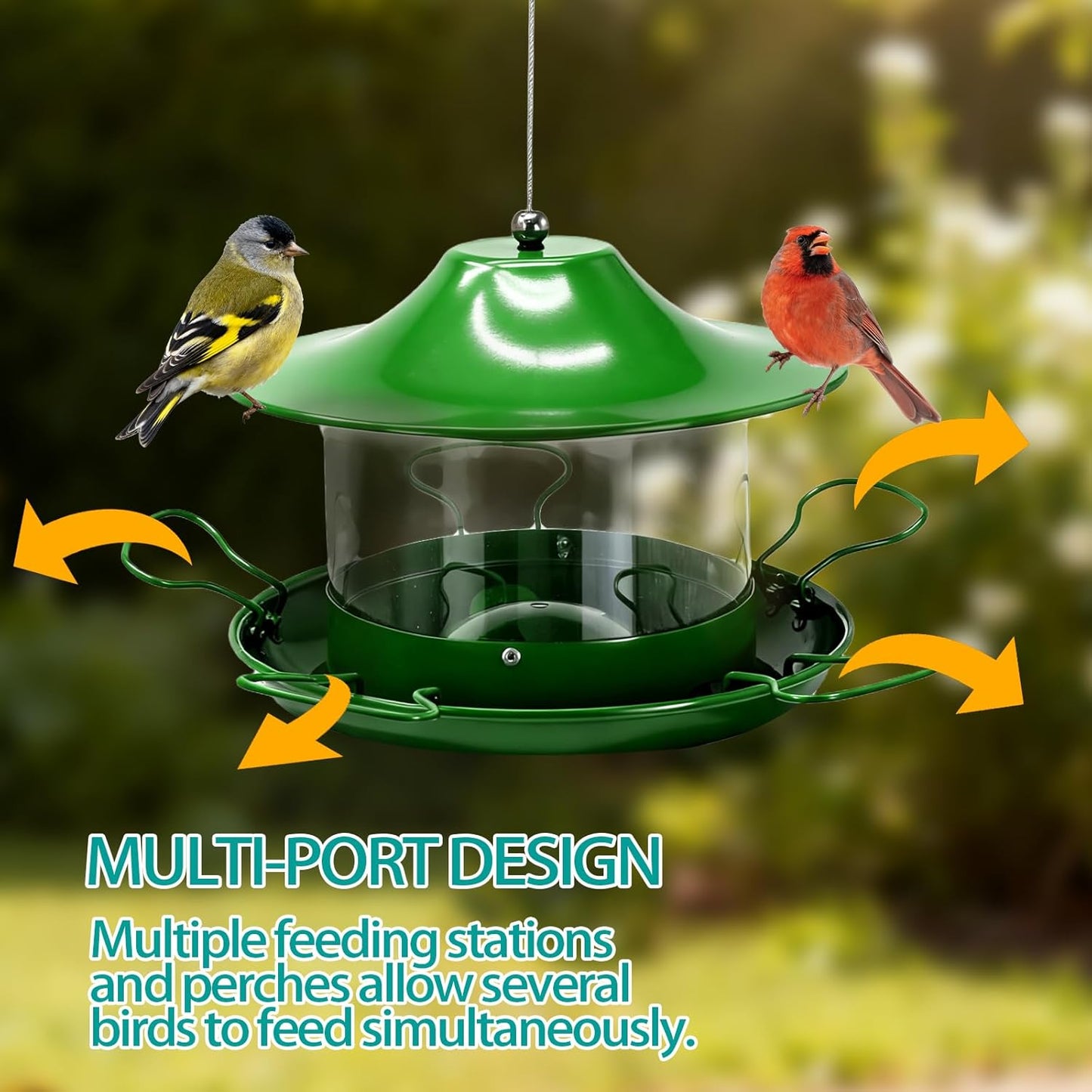 Outdoor Hanging Bird Feeder Visible Metal Construction for Durability 1.8L Capacity Multi-Hole Seed Tray Multiple Feeding Stations Green Color Adjustable Hanging Design Easy-Fill lid (Green)