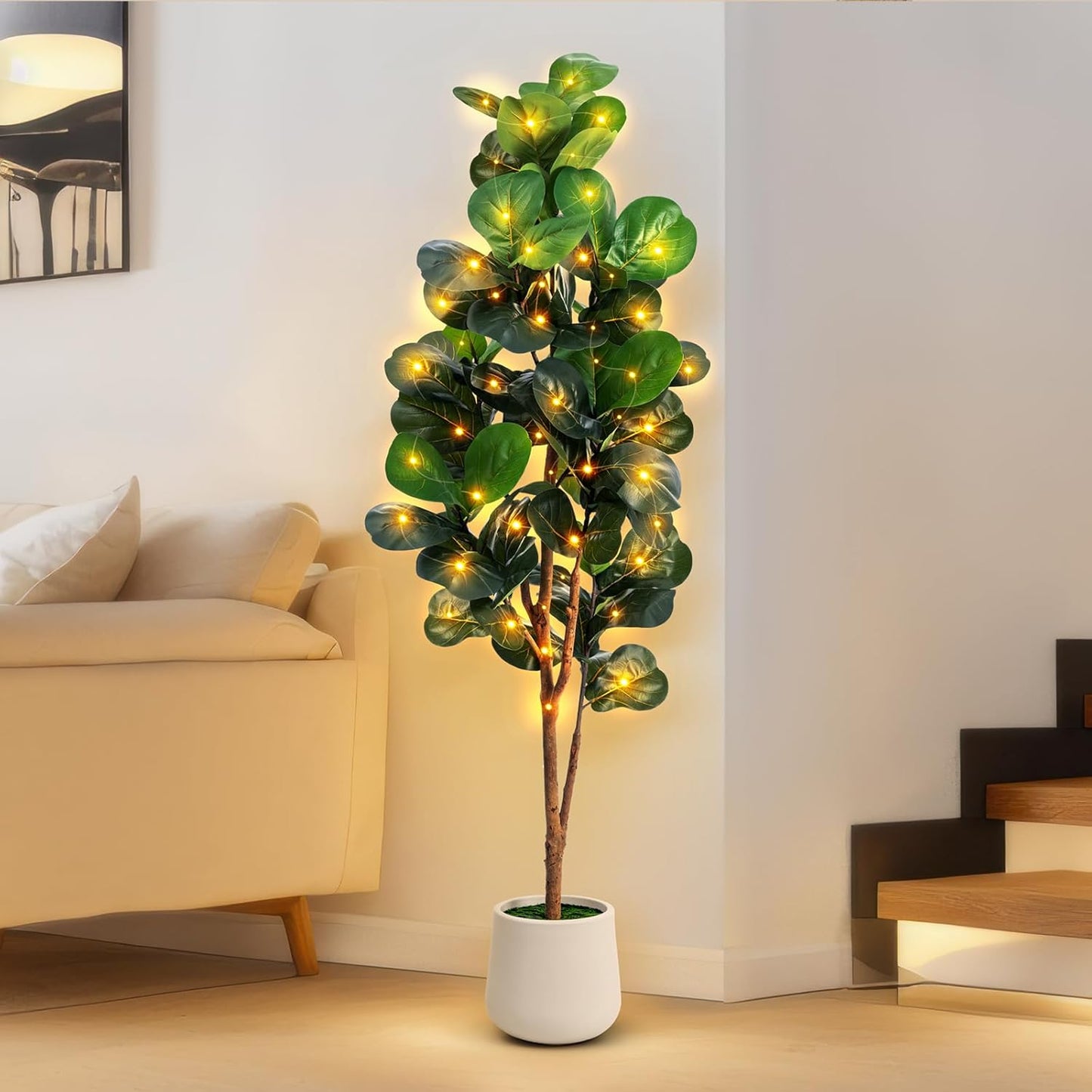 6ft Artificial Fiddle Leaf Fig Tree with LED Fairy Lights & White Planter - Lifelike Faux Ficus Lyrata Plant in Pot with Natural Trunk for Home Office Living Room Bathroom Corner Decor Indoor Outdoor
