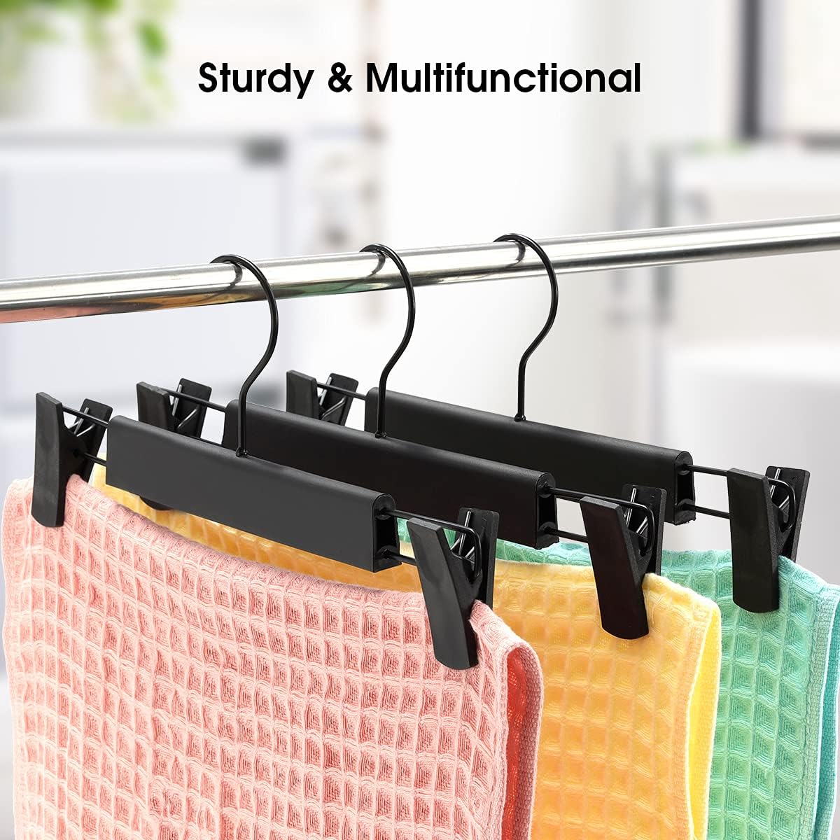 10 Pack Clothes Pants Hangers, Space-Saving Skirt Holders with 360 ° Swivel Hooks, Adjustable Clips, Trouser Coat Garment Jeans Black