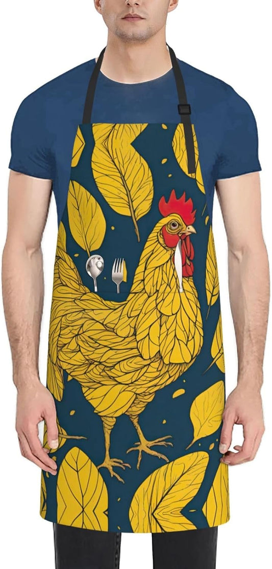 yellow leaves chicken print Waterproof chef's apron with pocket apron for kitchen cooking baking barbecue and gardening