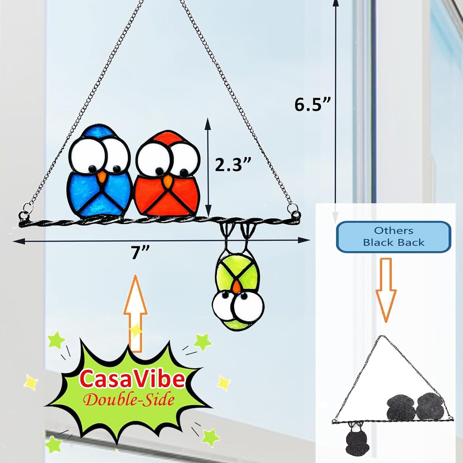 Multicolor Owls on a Wire High Suncatcher Panel, Bird Suncatcher for W