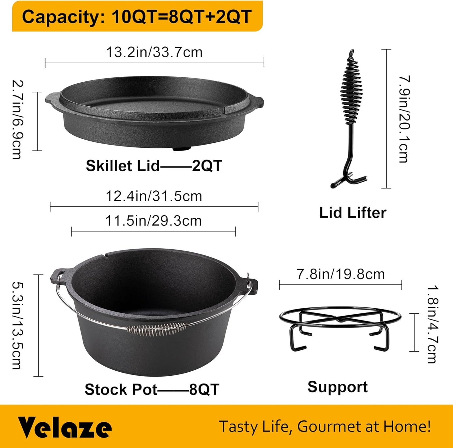 Velaze 10QT Camping Dutch Oven, Pre-Seasoned Cast Iron Camp Dutch Oven