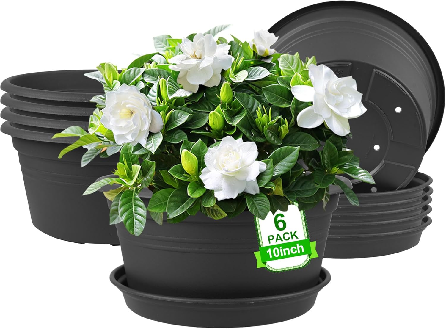 6 Pack 10 inch Plant Pot, Round Plastic Plant Pots, Outdoor Pots for P