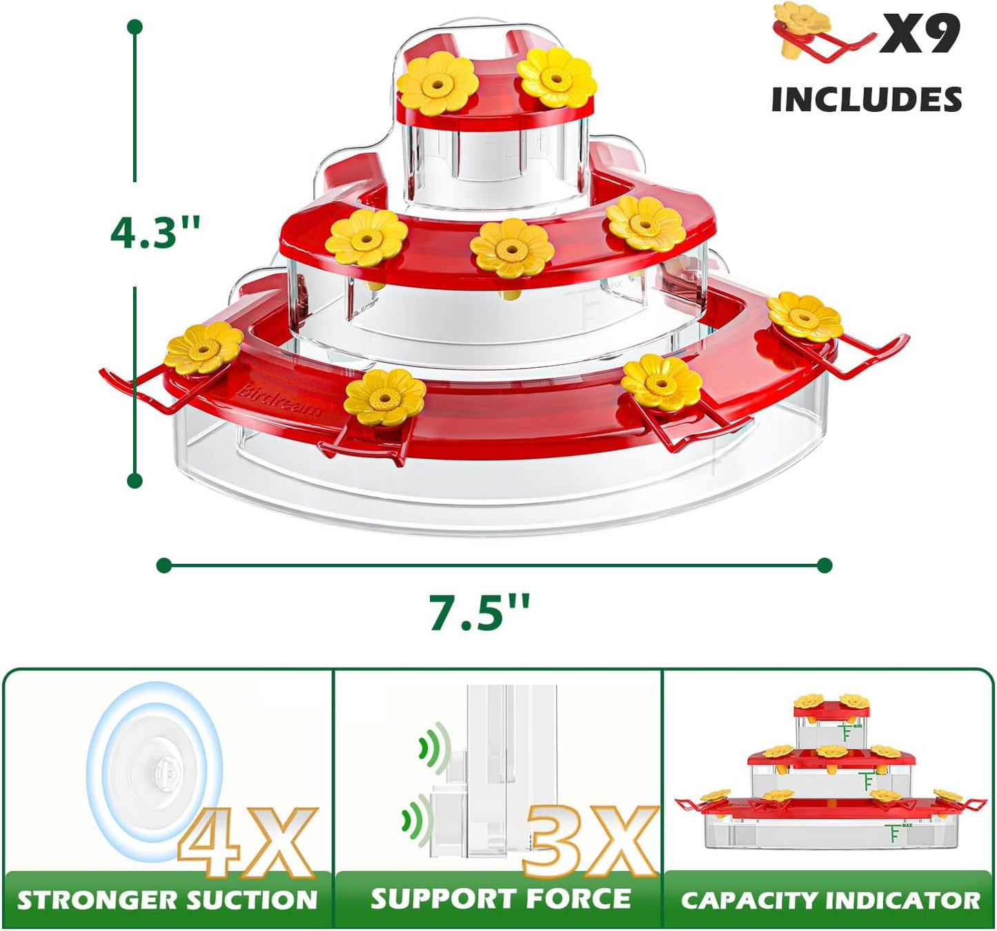 Birdream 2 Pack Window Hummingbird Feeders 18oz, 9 Feeding Ports & Brush Cake Design Hummingbird Feeder, Attracting Ruby Throated Anna Rufous - Red