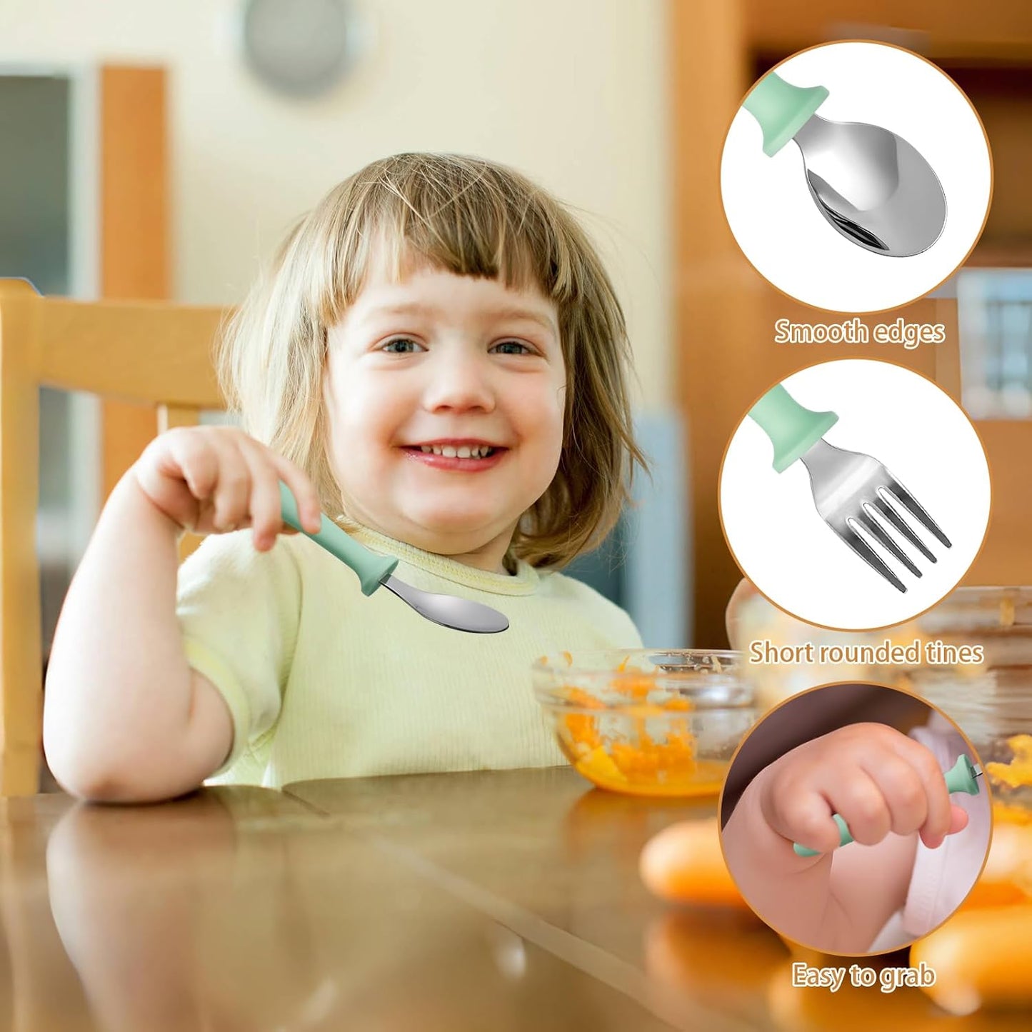 Pimoys 6 Pieces Toddler Utensils Forks and Spoons,Kids Silverware Set with Plastic Handle Stainless Steel Toddler Silverware,Dishwasher Safe