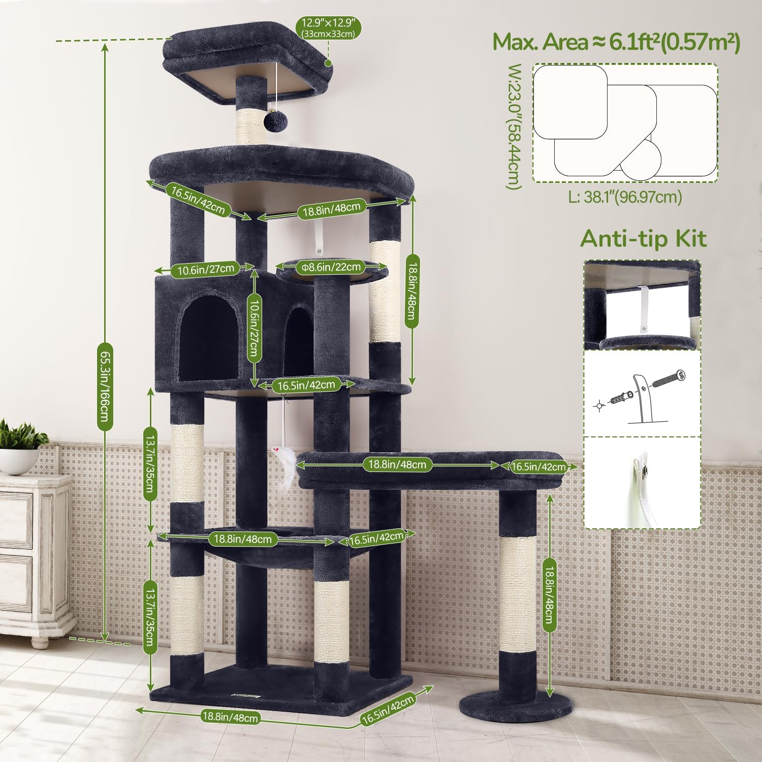 Globlazer Extra Large Platform Cat Tree, 65in Sturdy Cat Scratching Tr