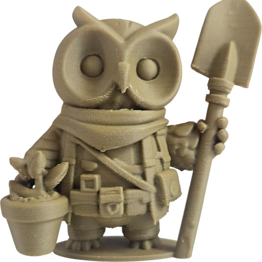 The Botanist Owl Figurine – Fantasy Owl Statue with Garden Tools & Plant Pot – Owls & Dragons Collection – for Painting, Display, or Gifting – 3D Printed in Canada