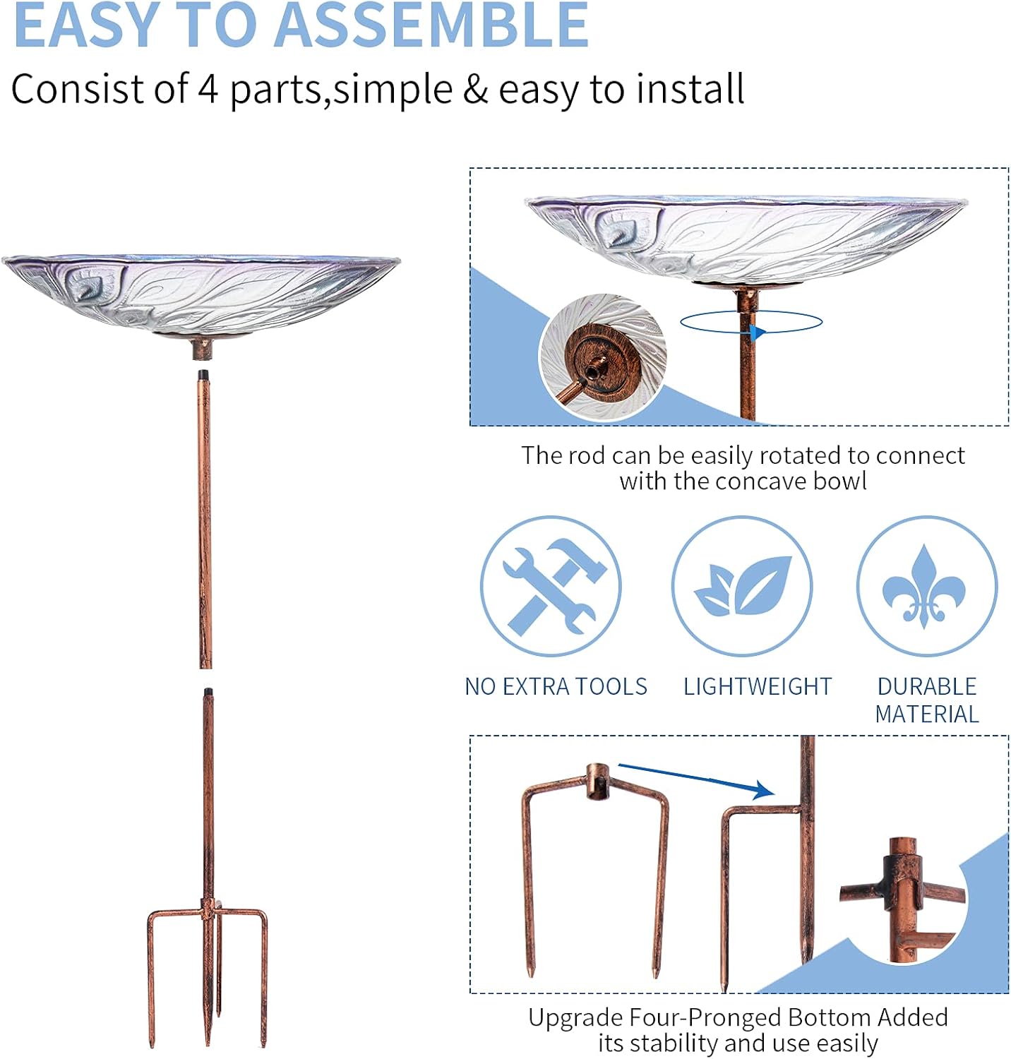 VCUTEKA Glass Bird Bath Outdoor BirdBath Garden Bird Feeder with Metal Stake