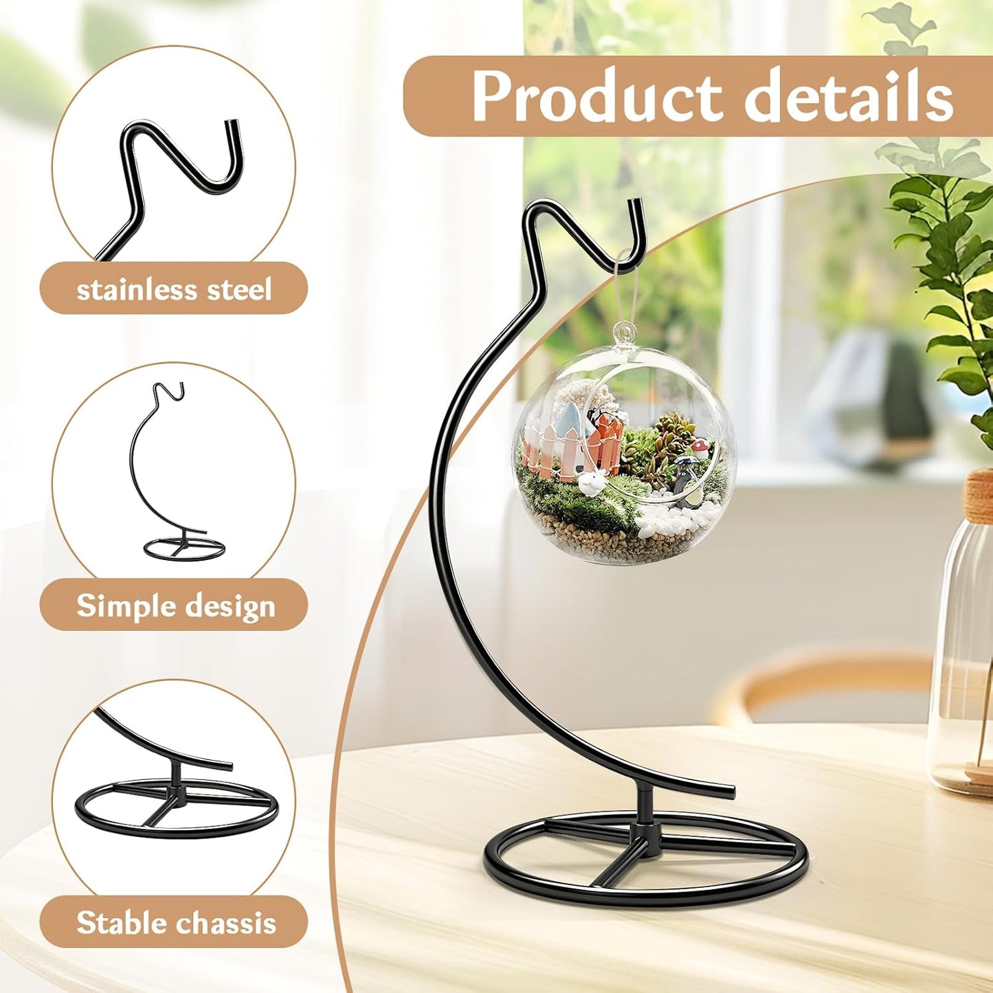 Ornament Display Stand with Hook, 11" Black Iron Hanging Stand for Air Plants, Glass Balls, Witch Balls, Terrariums, Christmas & Wedding Decorations, Home & Office Decor (black)