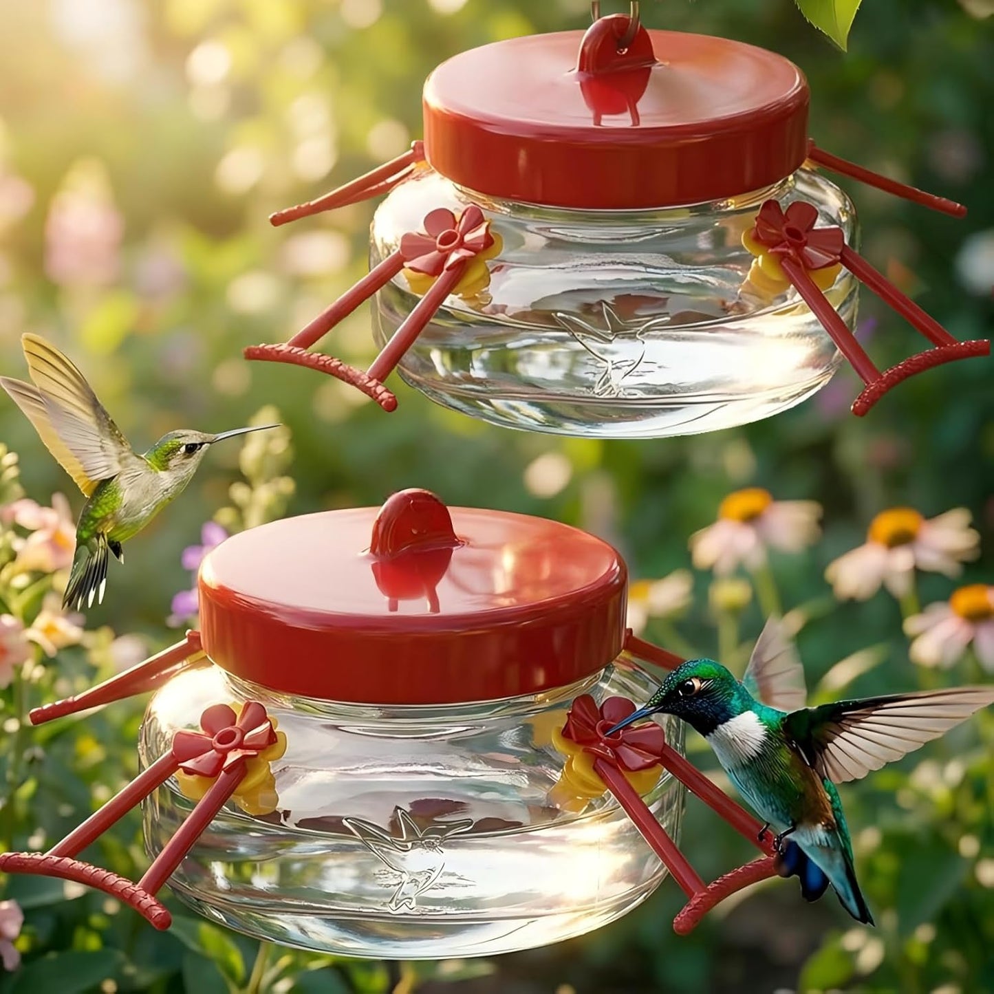 6 OZ Glass Hummingbird Feeders for Outdoors Hanging 2 Pack,Mason Jar Hummingbird Feeder with 4 Flower Feeding Ports and Perches,Easy to Clean and Refill,Decoration,Transparent