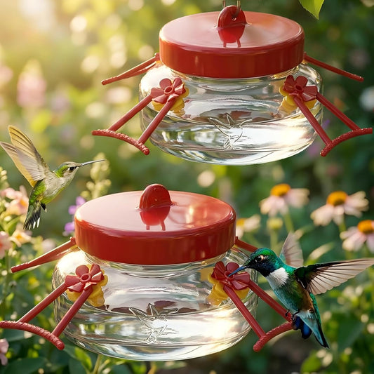6 OZ Glass Hummingbird Feeders for Outdoors Hanging 2 Pack,Mason Jar Hummingbird Feeder with 4 Flower Feeding Ports and Perches,Easy to Clean and Refill,Decoration,Transparent