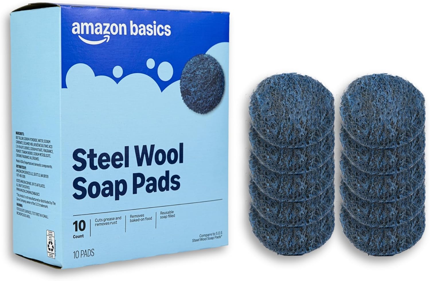 Amazon Basics Steel Wool Soap Pads, Reusable, Cuts Grease and Removes 