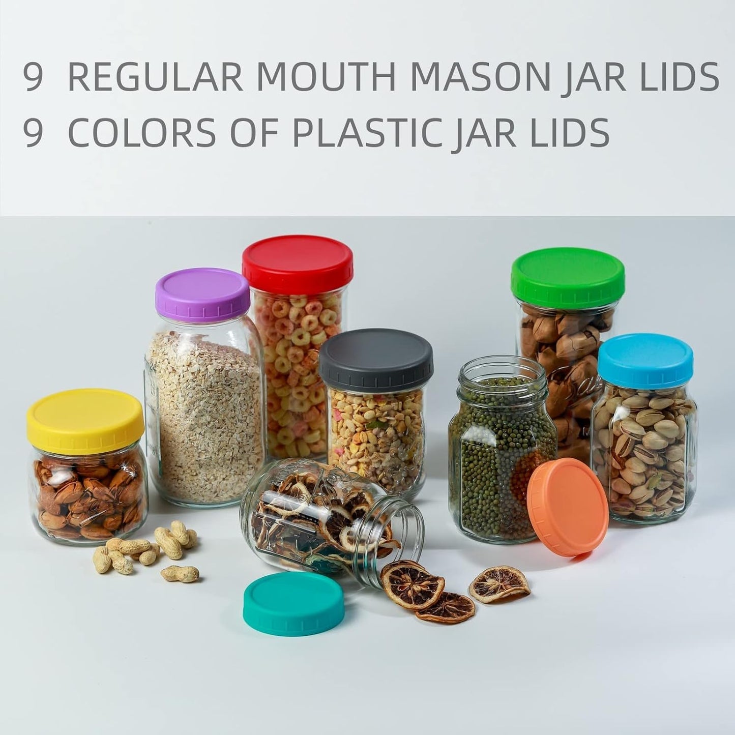 9Pcs Mason Jar Lids, Regular Mouth Plastic Mason Lids, Leak Proof Canning Lid with Silicone Ring for Ball, Kerr and More, Reusable Can Tops, Colored Caps Covers for Jars