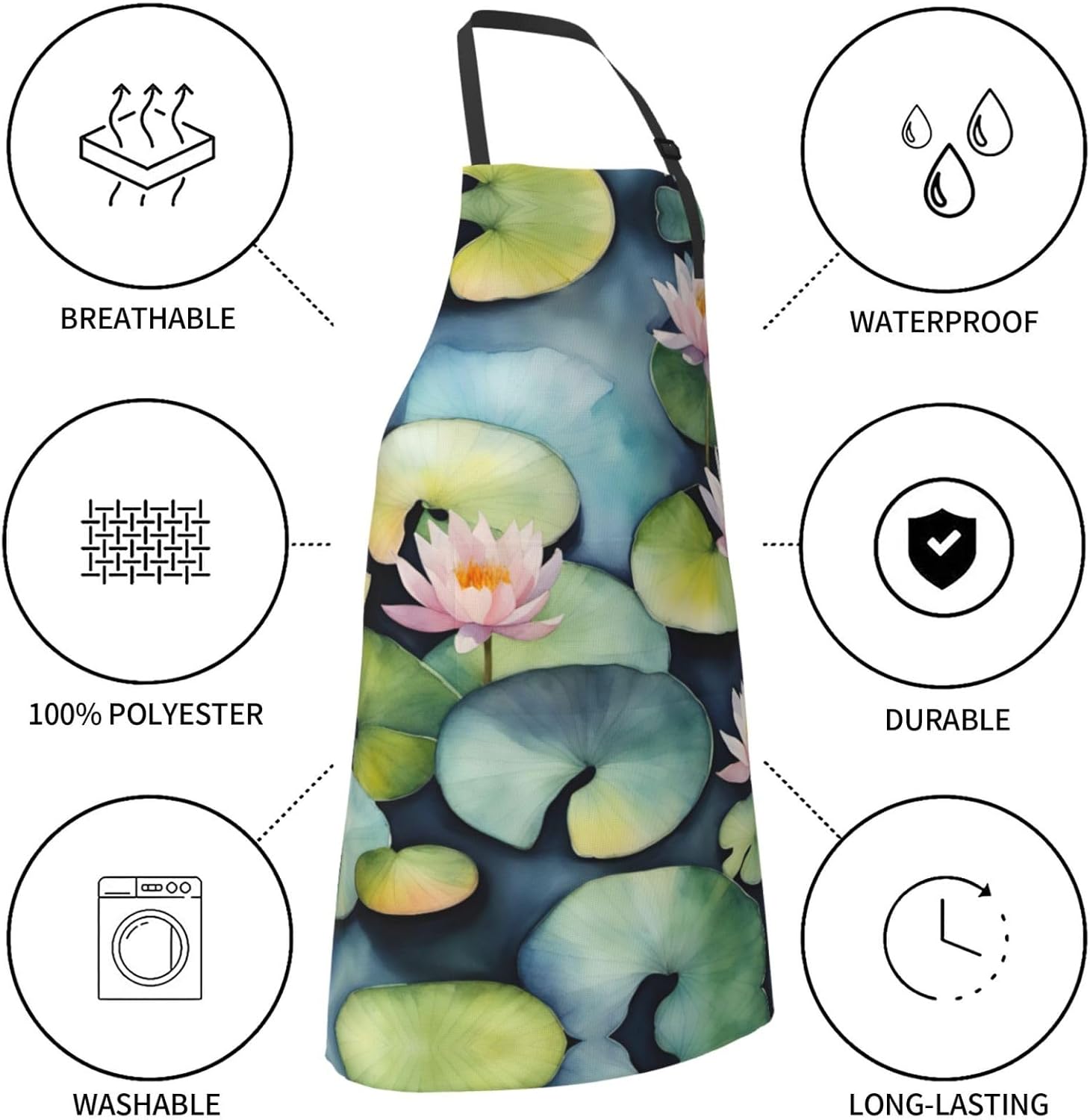 Black Lily Pads print Waterproof chef's apron with pocket apron for ki