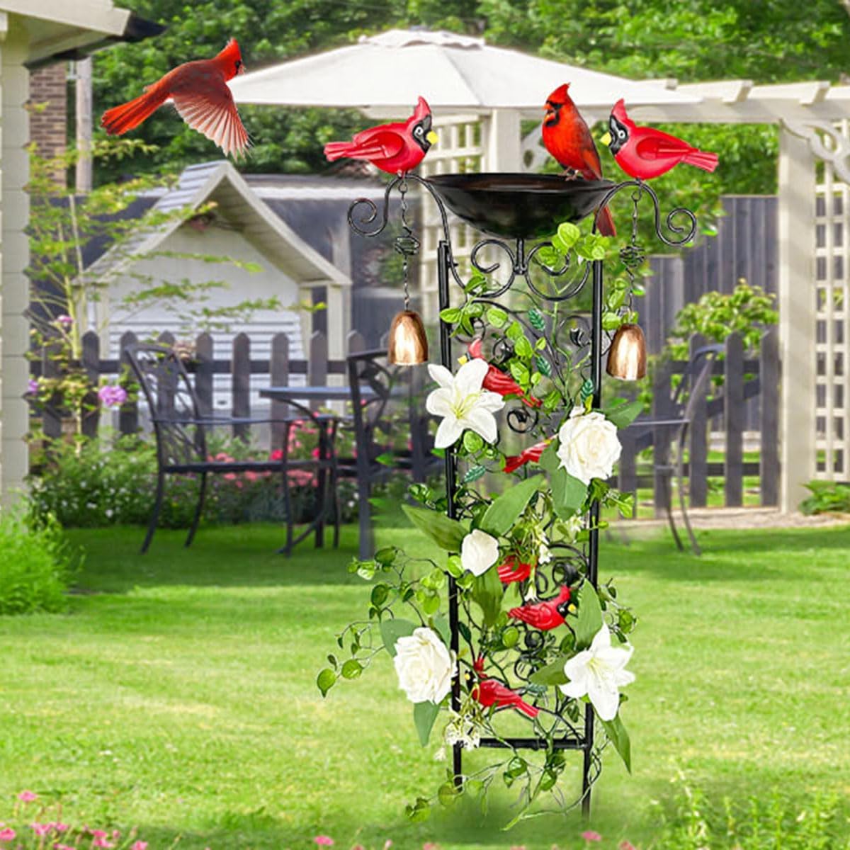 Metal Bird Bath with Trellis,Metal Bird Bath For Outside Decorative Birdbath with Cardinal, Small Garden Plant Support, Antique BirdBath for Climbing Plants with Detachable Iron Bowliron pots
