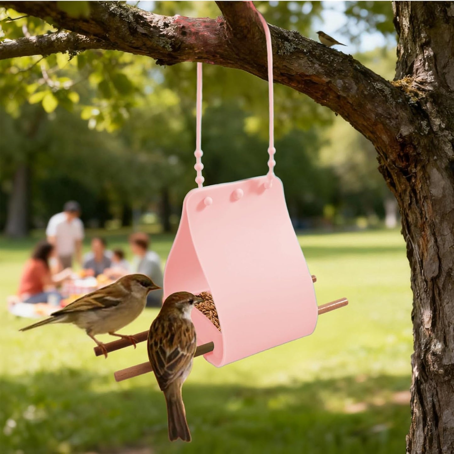 Portable Bird Feeder, Silicone Bowl Bird Feeder, 7 Inch Hanging Dispenser with Wooden Perches, Flexible Silicone Container, Garden Dispenser with Adjustable Strap, Outdoor Container for Decor
