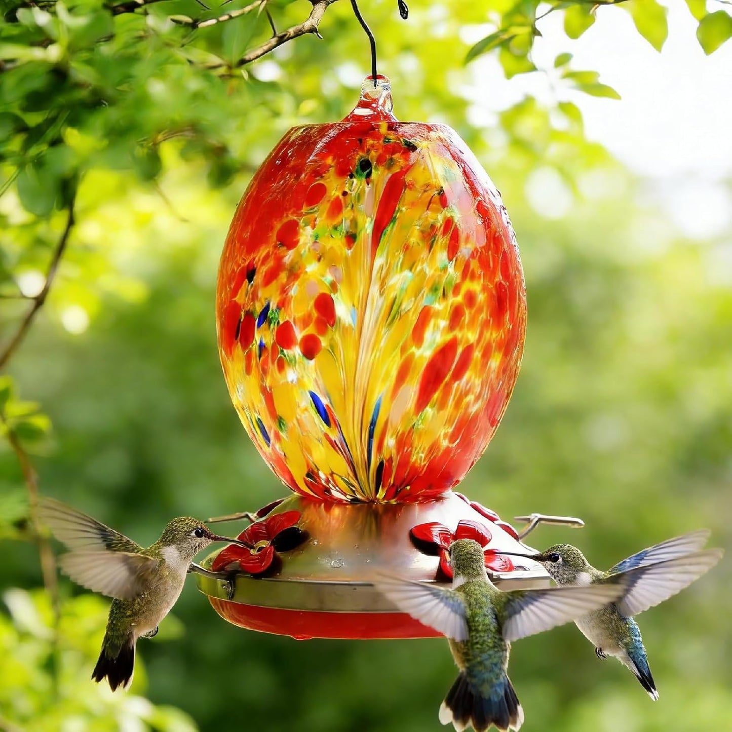 8.27" Hand Blown Glass Hummingbird Feeders for Outdoors - Red Phoenix Humming Bird Feeder with Ant Moat & 4 Metal Perches - Unique Garden Decor Gifts for Mom, Women, Bird Lovers